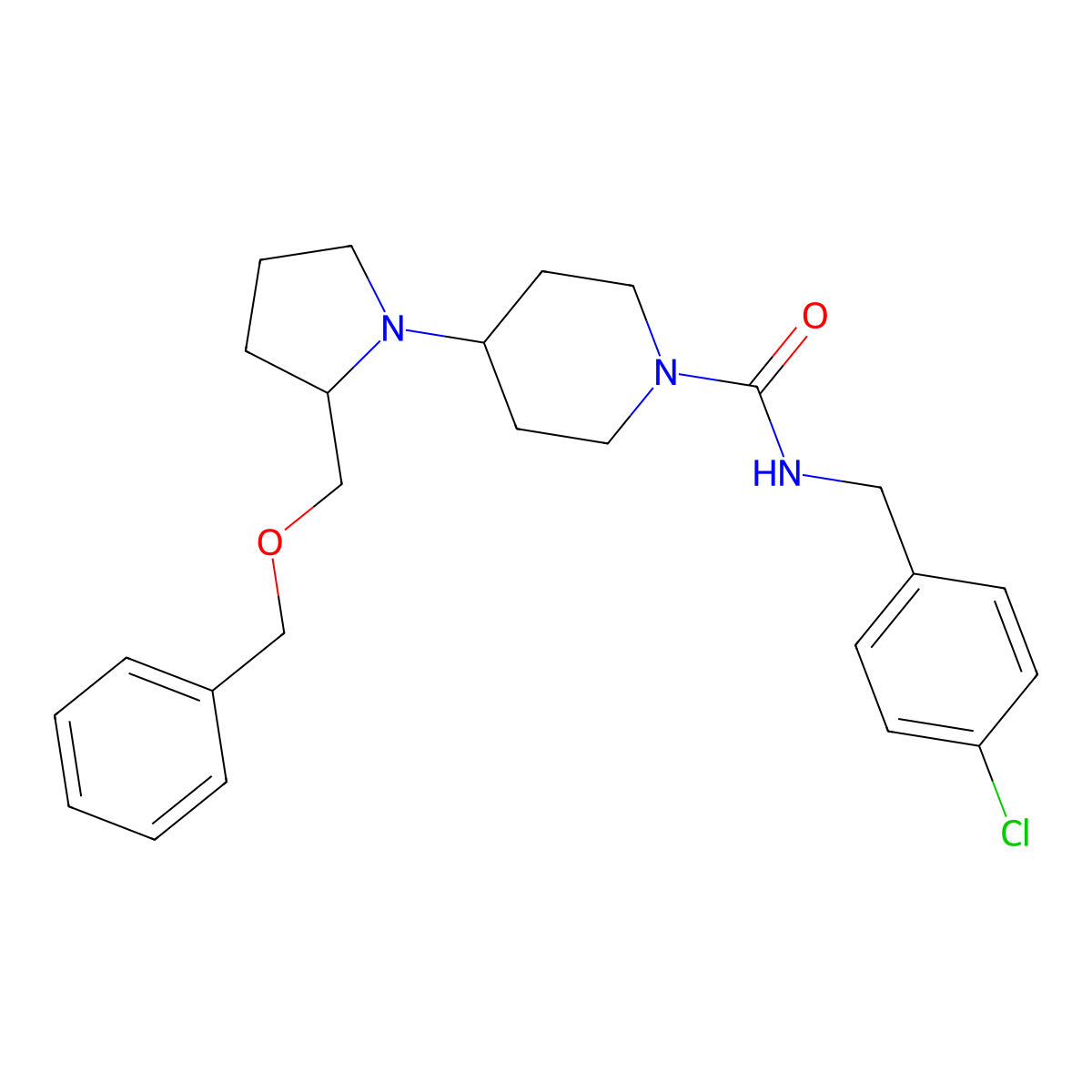 4-(2-((benzyloxy)methyl)pyrrolidin-1-yl)-N-(4-chlorobenzyl)piperidine-1-carboxamide molecular structure, CAS 2034528-37-3
