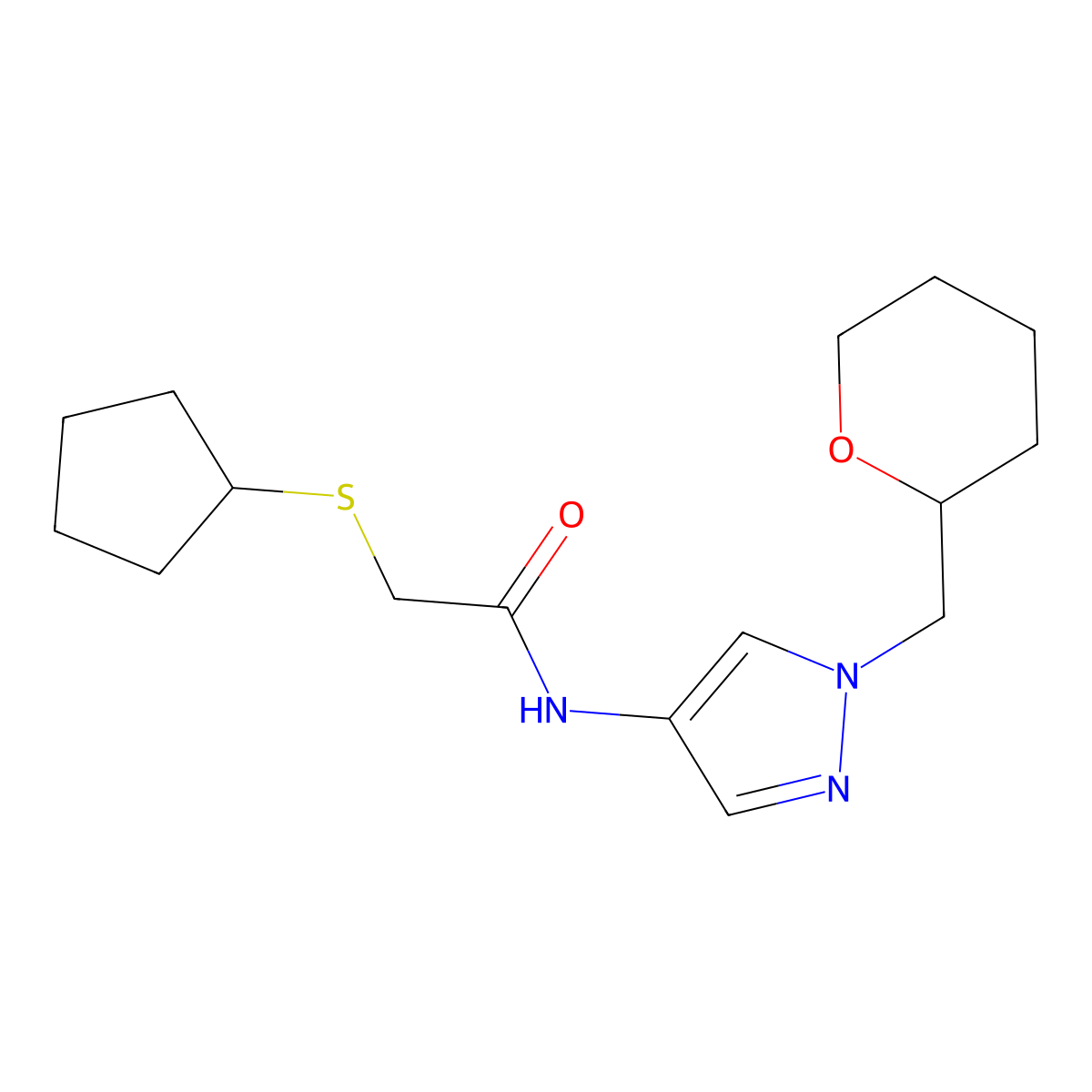 2-(cyclopentylthio)-N-(1-((tetrahydro-2H-pyran-2-yl)methyl)-1H-pyrazol-4-yl)acetamide molecular structure, CAS 2034528-43-1