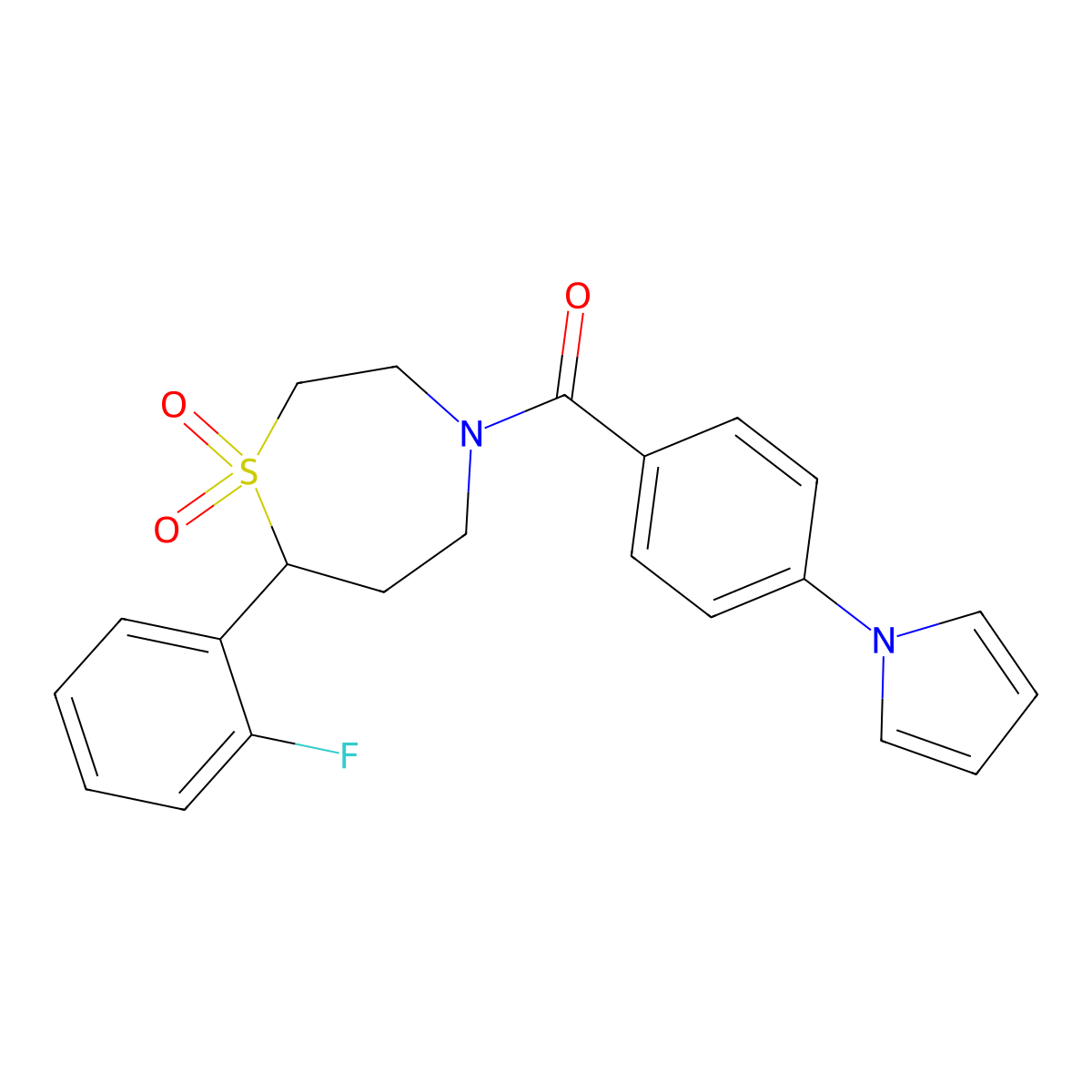 (4-(1H-pyrrol-1-yl)phenyl)(7-(2-fluorophenyl)-1,1-dioxido-1,4-thiazepan-4-yl)methanone molecular structure, CAS 2034528-48-6