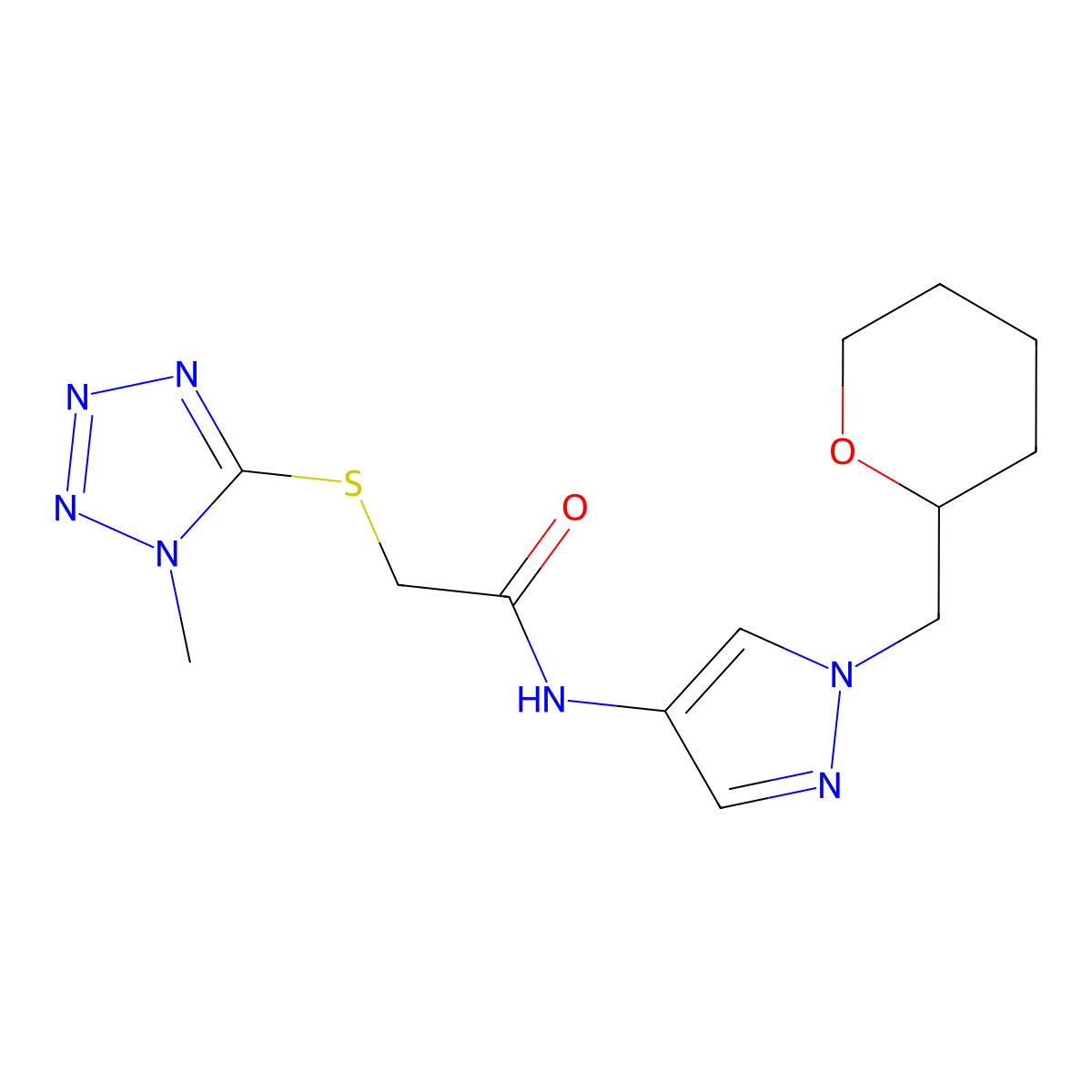 2-((1-methyl-1H-tetrazol-5-yl)thio)-N-(1-((tetrahydro-2H-pyran-2-yl)methyl)-1H-pyrazol-4-yl)acetamide molecular structure, CAS 2034528-52-2