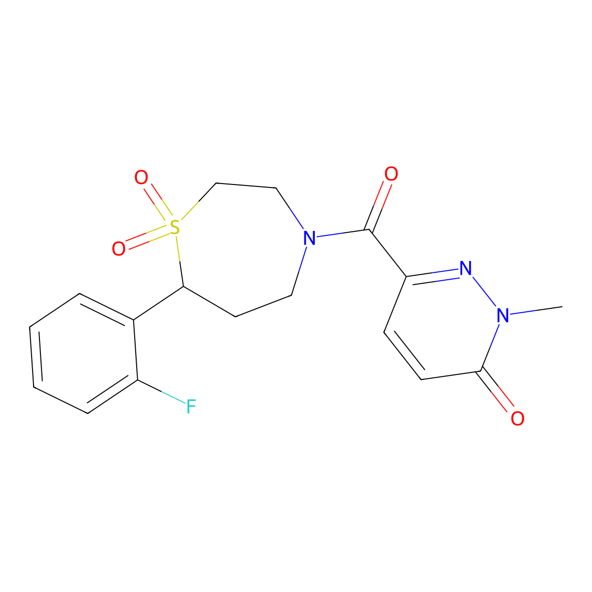 6-(7-(2-fluorophenyl)-1,1-dioxido-1,4-thiazepane-4-carbonyl)-2-methylpyridazin-3(2H)-one molecular structure, CAS 2034528-57-7