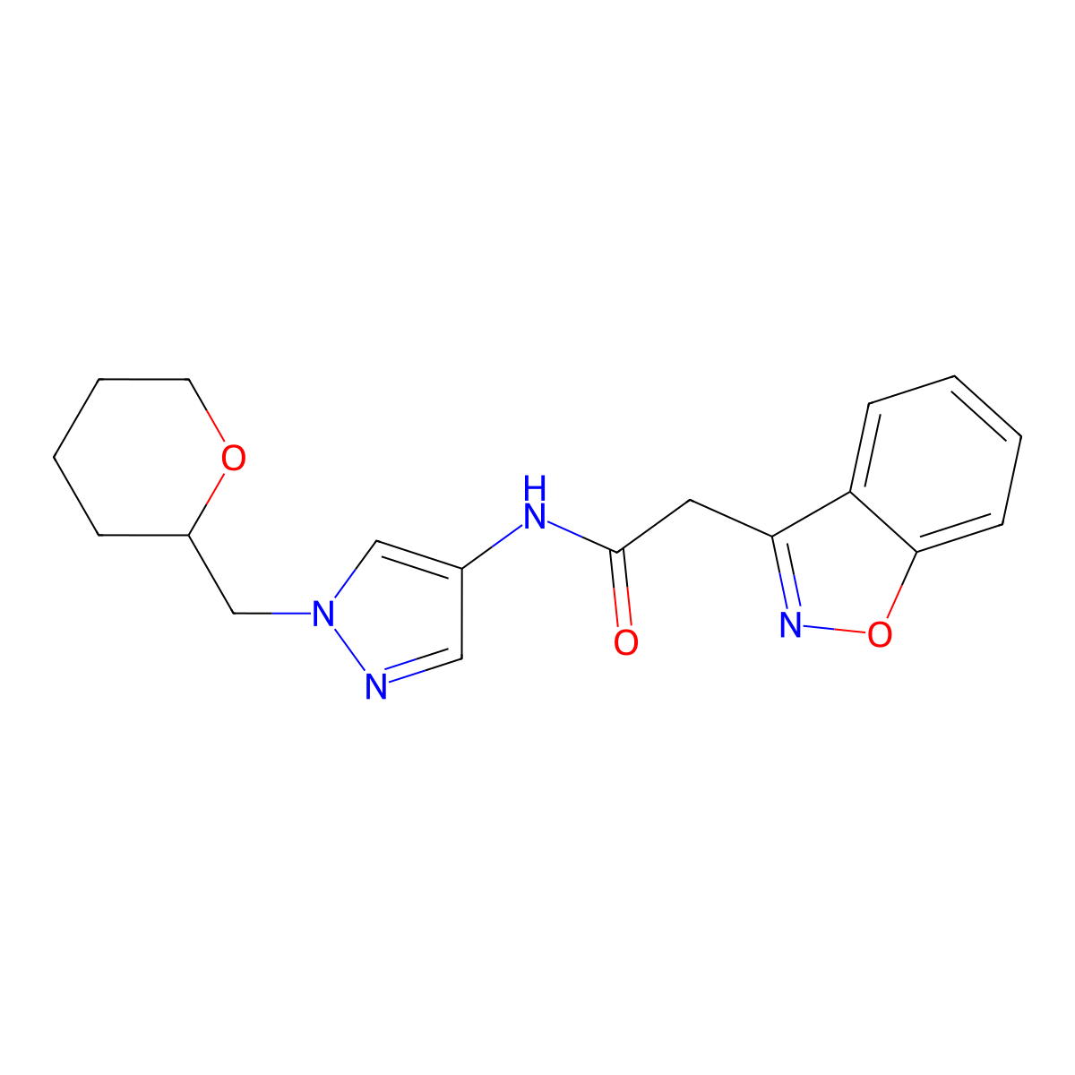 2-(benzo[d]isoxazol-3-yl)-N-(1-((tetrahydro-2H-pyran-2-yl)methyl)-1H-pyrazol-4-yl)acetamide molecular structure, CAS 2034528-62-4