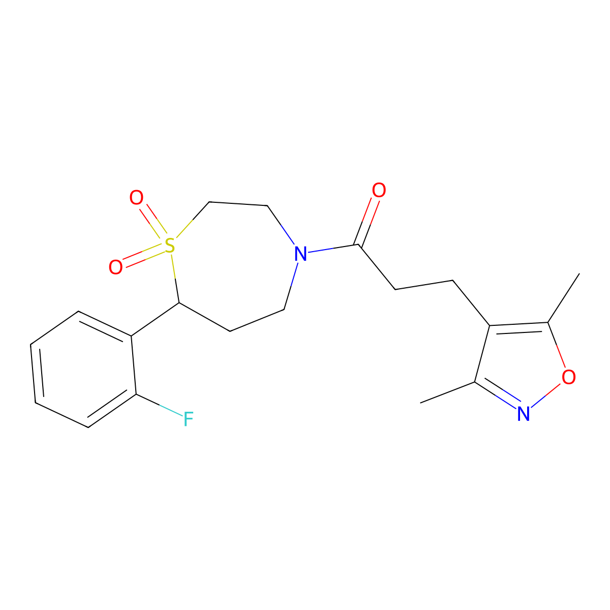 3-(3,5-Dimethylisoxazol-4-yl)-1-(7-(2-fluorophenyl)-1,1-dioxido-1,4-thiazepan-4-yl)propan-1-one molecular structure, CAS 2034528-69-1