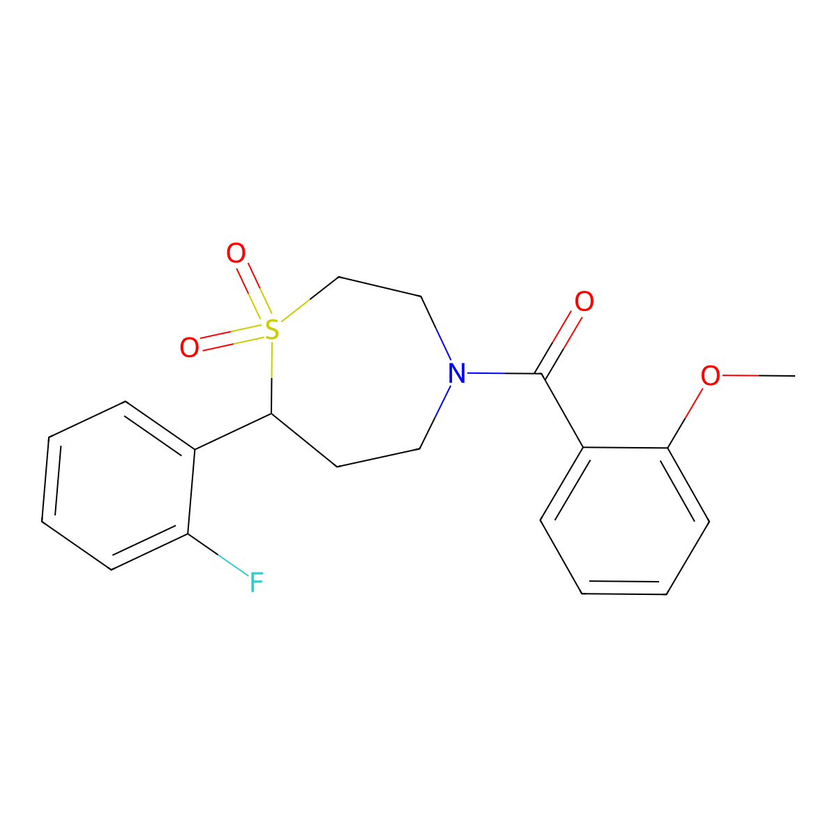 (7-(2-Fluorophenyl)-1,1-dioxido-1,4-thiazepan-4-yl)(2-methoxyphenyl)methanone molecular structure, CAS 2034528-89-5