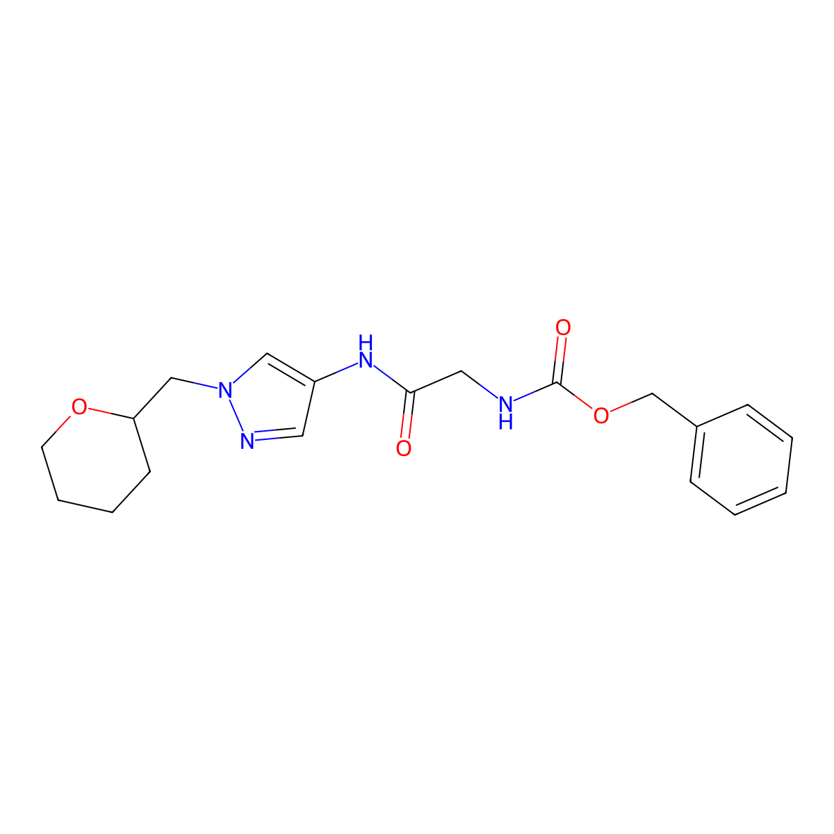 benzyl (2-oxo-2-((1-((tetrahydro-2H-pyran-2-yl)methyl)-1H-pyrazol-4-yl)amino)ethyl)carbamate molecular structure, CAS 2034528-91-9
