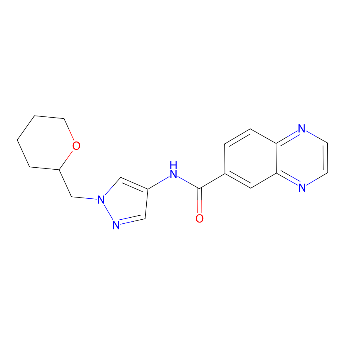 N-(1-((tetrahydro-2H-pyran-2-yl)methyl)-1H-pyrazol-4-yl)quinoxaline-6-carboxamide molecular structure, CAS 2034528-96-4