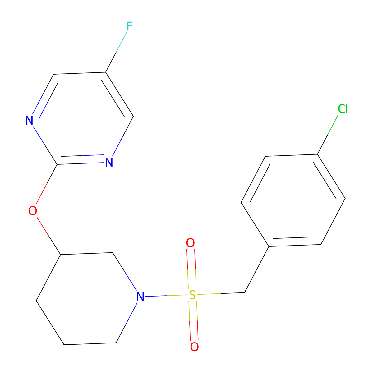 2-((1-((4-Chlorobenzyl)sulfonyl)piperidin-3-yl)oxy)-5-fluoropyrimidine molecular structure, CAS 2034528-98-6