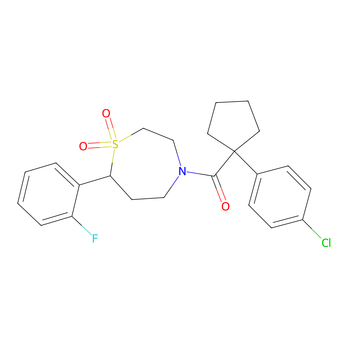 (1-(4-Chlorophenyl)cyclopentyl)(7-(2-fluorophenyl)-1,1-dioxido-1,4-thiazepan-4-yl)methanone molecular structure, CAS 2034529-01-4