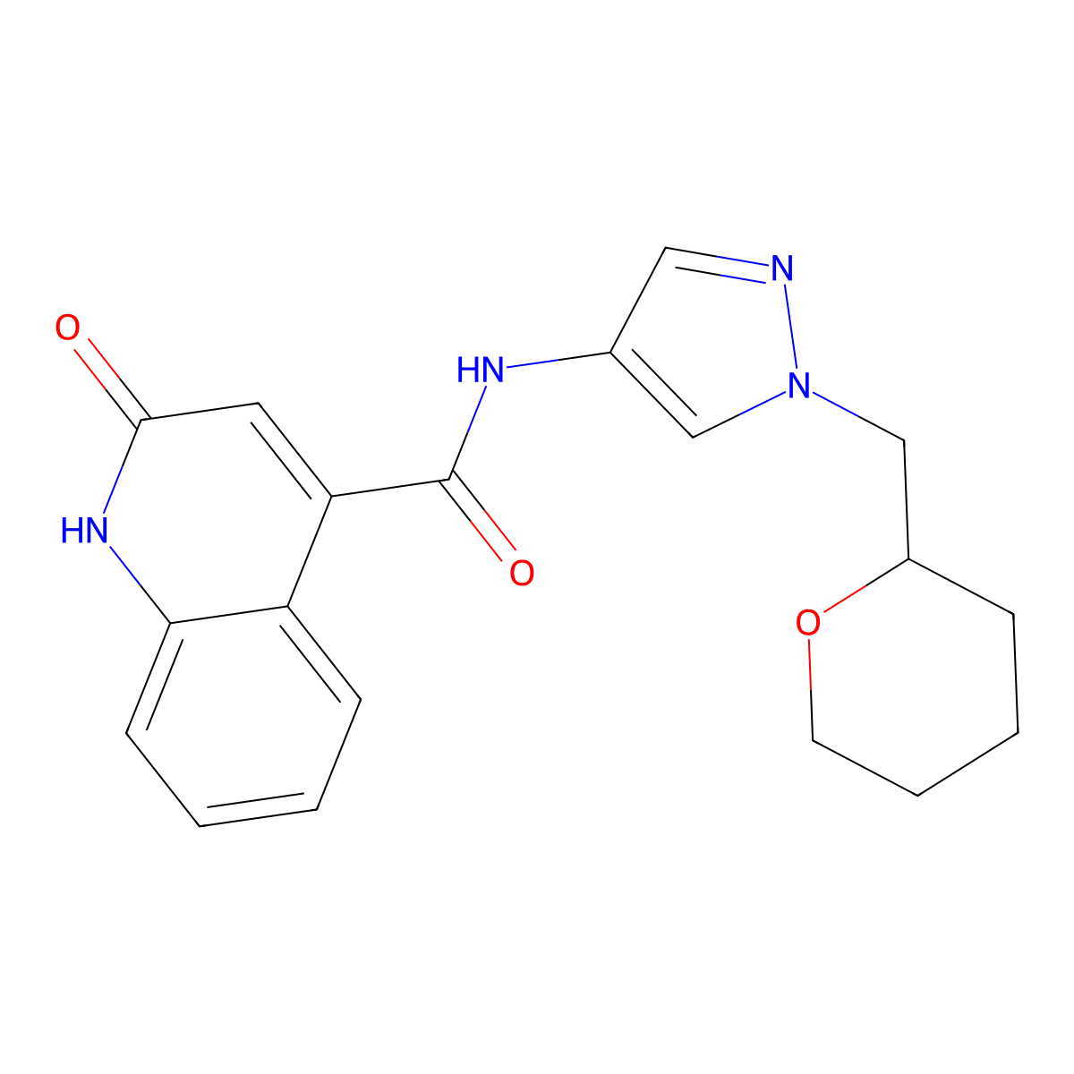2-hydroxy-N-(1-((tetrahydro-2H-pyran-2-yl)methyl)-1H-pyrazol-4-yl)quinoline-4-carboxamide molecular structure, CAS 2034529-06-9