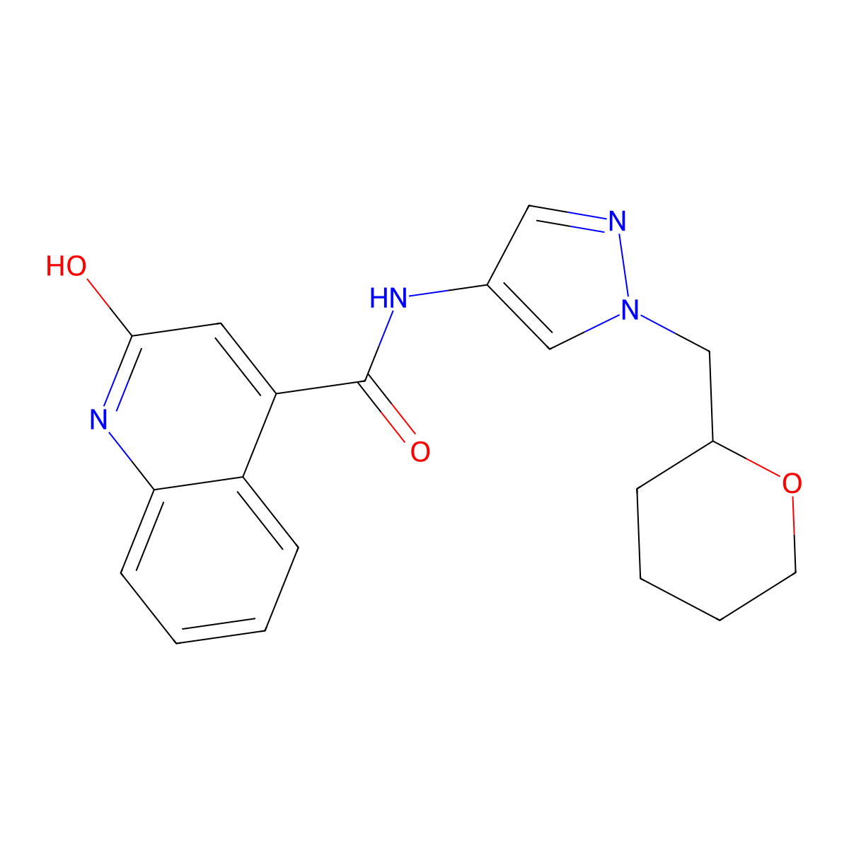 2-hydroxy-N-(1-((tetrahydro-2H-pyran-2-yl)methyl)-1H-pyrazol-4-yl)quinoline-4-carboxamide molecular structure, CAS 2034529-06-9