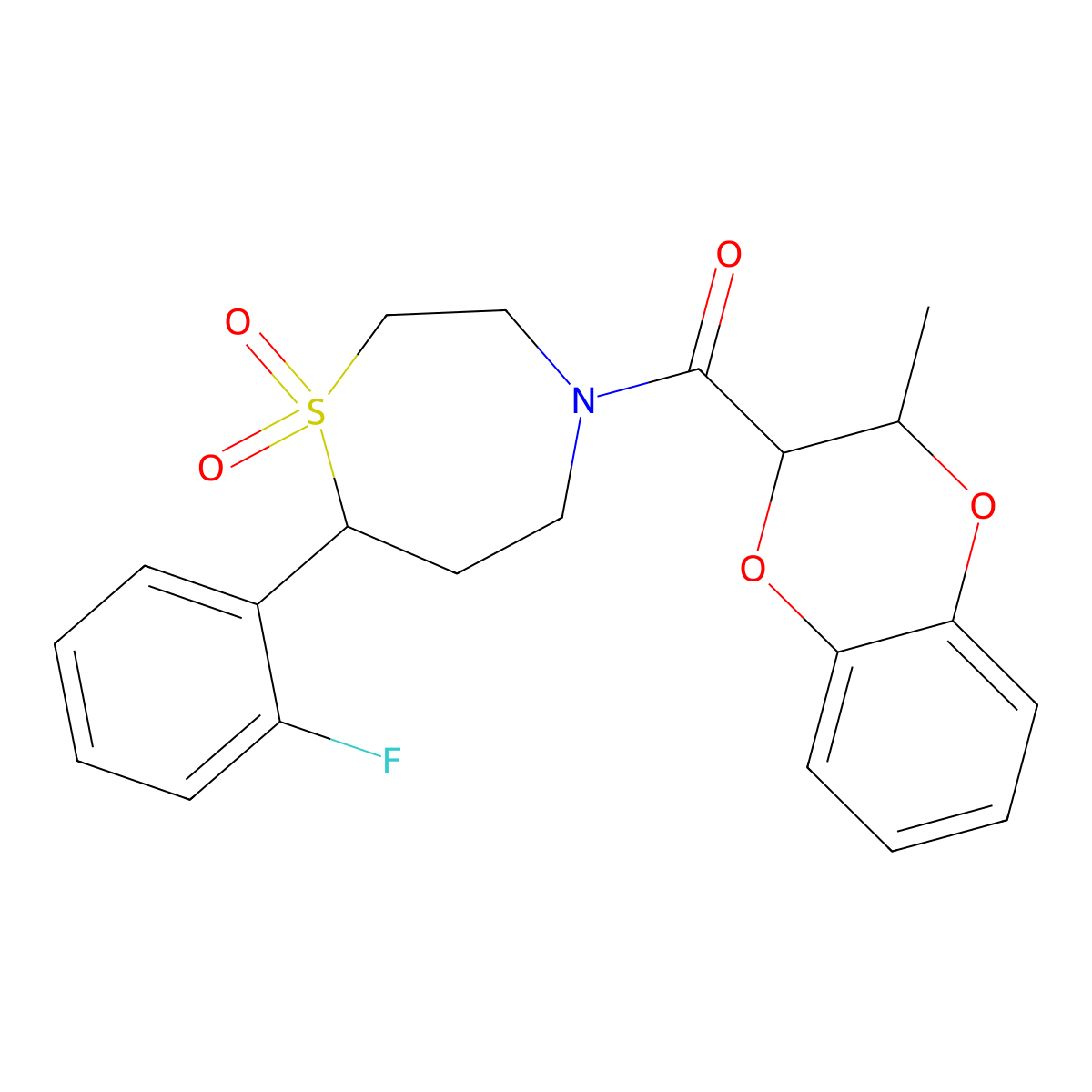 (7-(2-Fluorophenyl)-1,1-dioxido-1,4-thiazepan-4-yl)(3-methyl-2,3-dihydrobenzo[b][1,4]dioxin-2-yl)methanone molecular structure, CAS 2034529-11-6