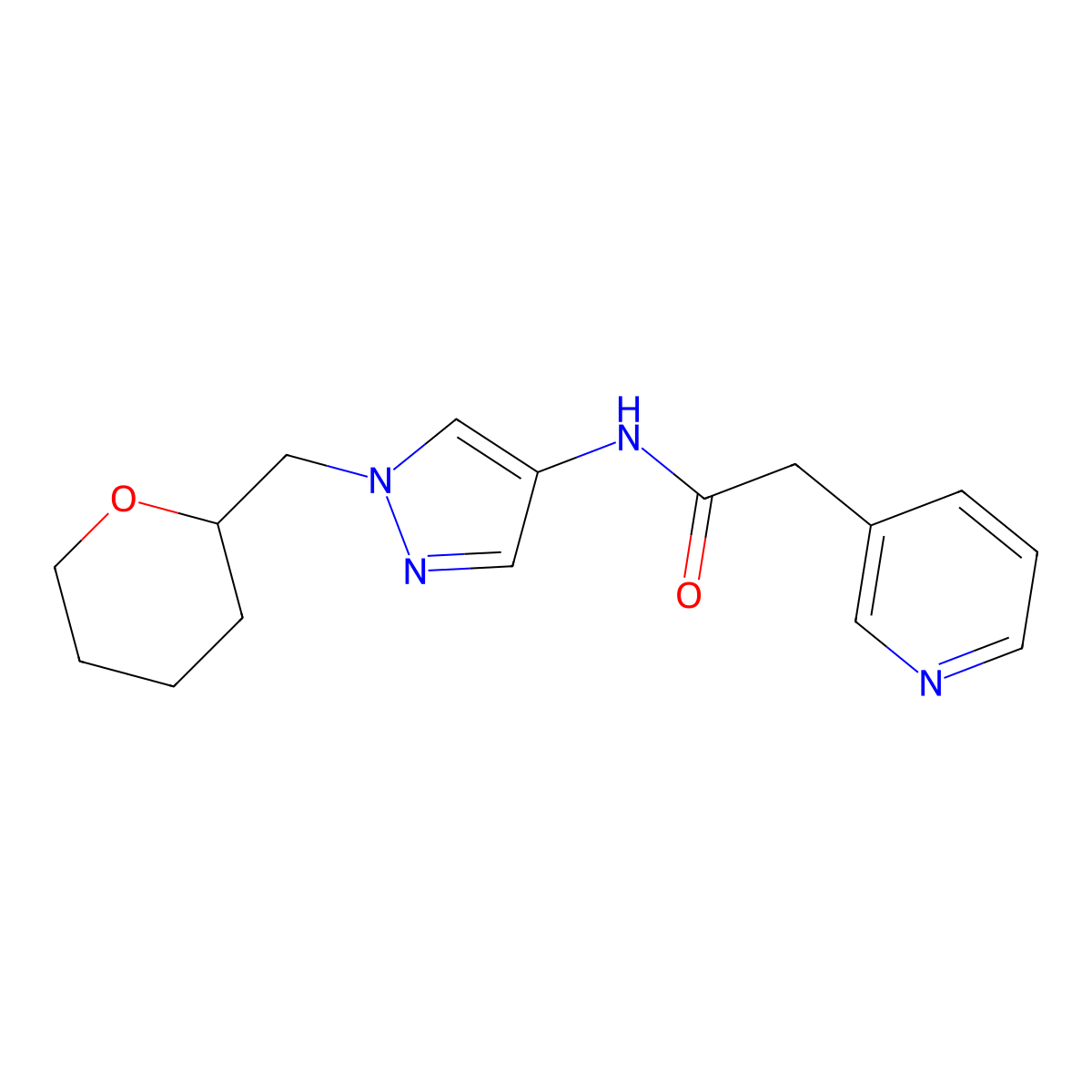 2-(pyridin-3-yl)-N-(1-((tetrahydro-2H-pyran-2-yl)methyl)-1H-pyrazol-4-yl)acetamide molecular structure, CAS 2034529-14-9