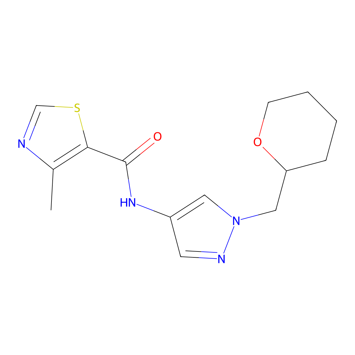 4-methyl-N-(1-((tetrahydro-2H-pyran-2-yl)methyl)-1H-pyrazol-4-yl)thiazole-5-carboxamide molecular structure, CAS 2034529-22-9