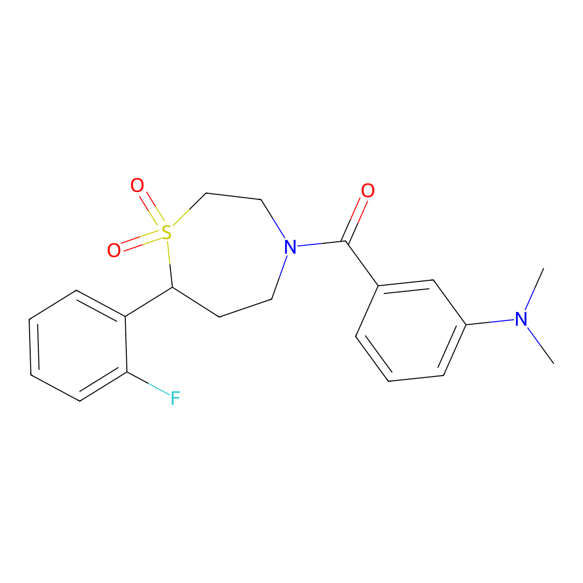 (3-(Dimethylamino)phenyl)(7-(2-fluorophenyl)-1,1-dioxido-1,4-thiazepan-4-yl)methanone molecular structure, CAS 2034529-23-0