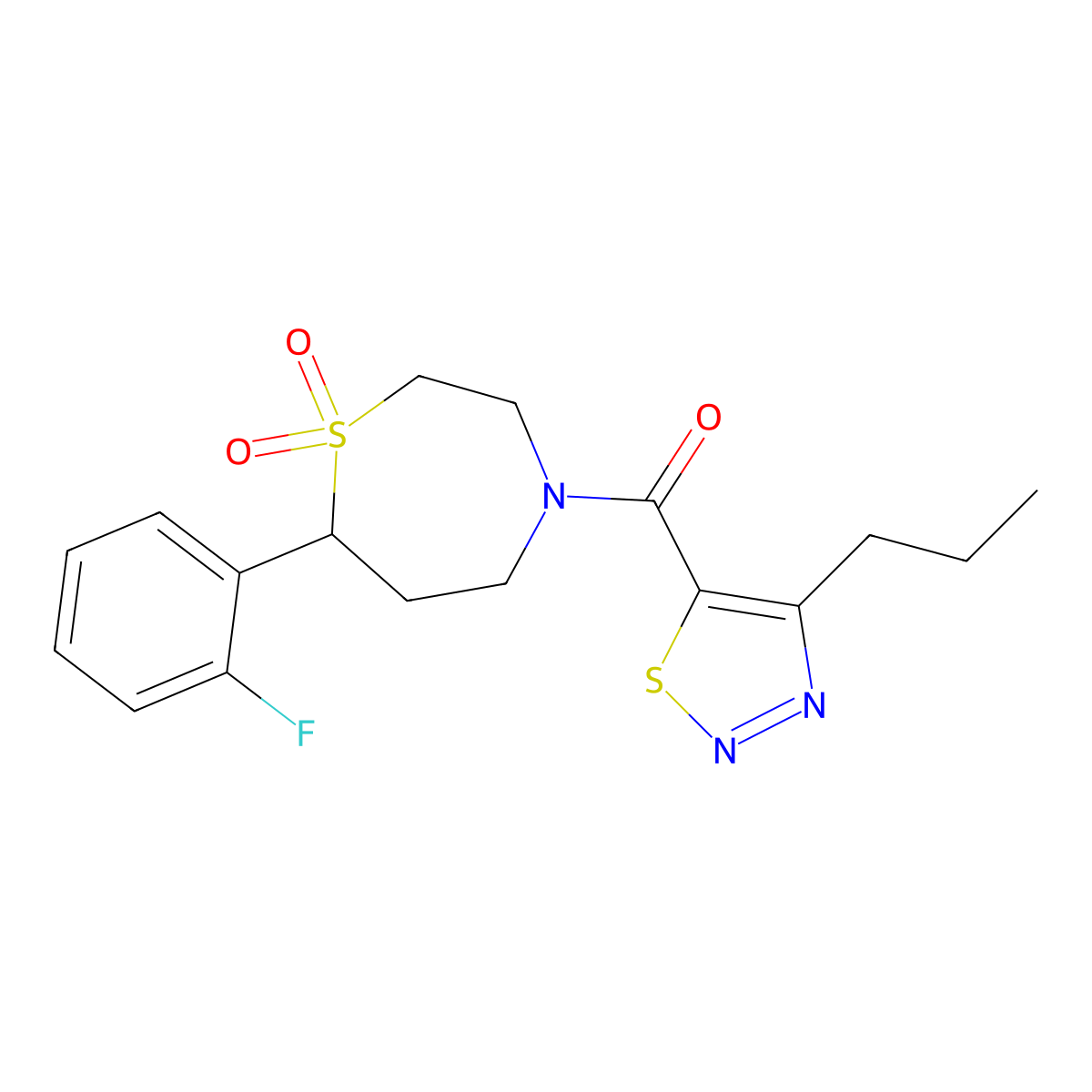 (7-(2-Fluorophenyl)-1,1-dioxido-1,4-thiazepan-4-yl)(4-propyl-1,2,3-thiadiazol-5-yl)methanone molecular structure, CAS 2034529-32-1
