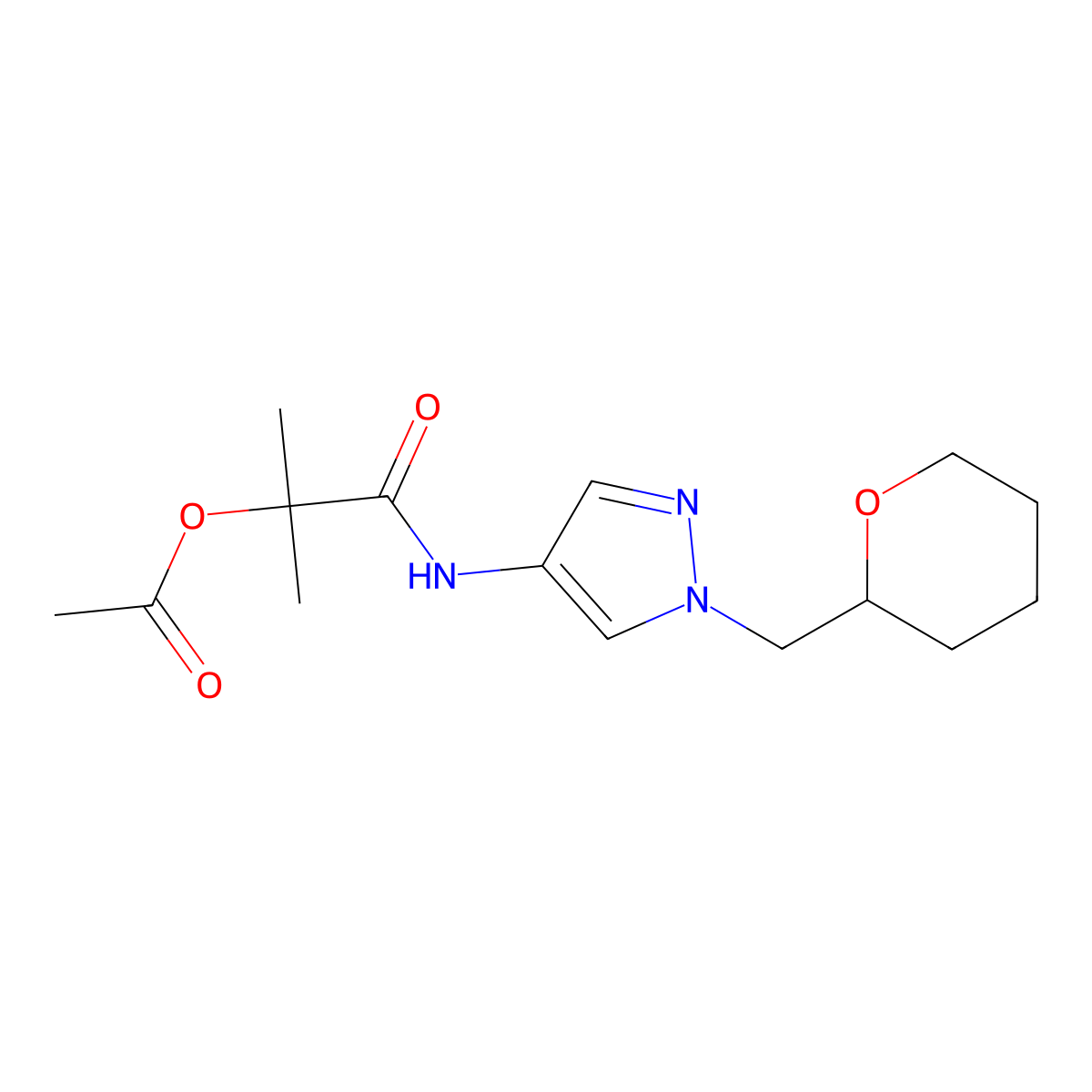 2-methyl-1-oxo-1-((1-((tetrahydro-2H-pyran-2-yl)methyl)-1H-pyrazol-4-yl)amino)propan-2-yl acetate molecular structure, CAS 2034529-33-2