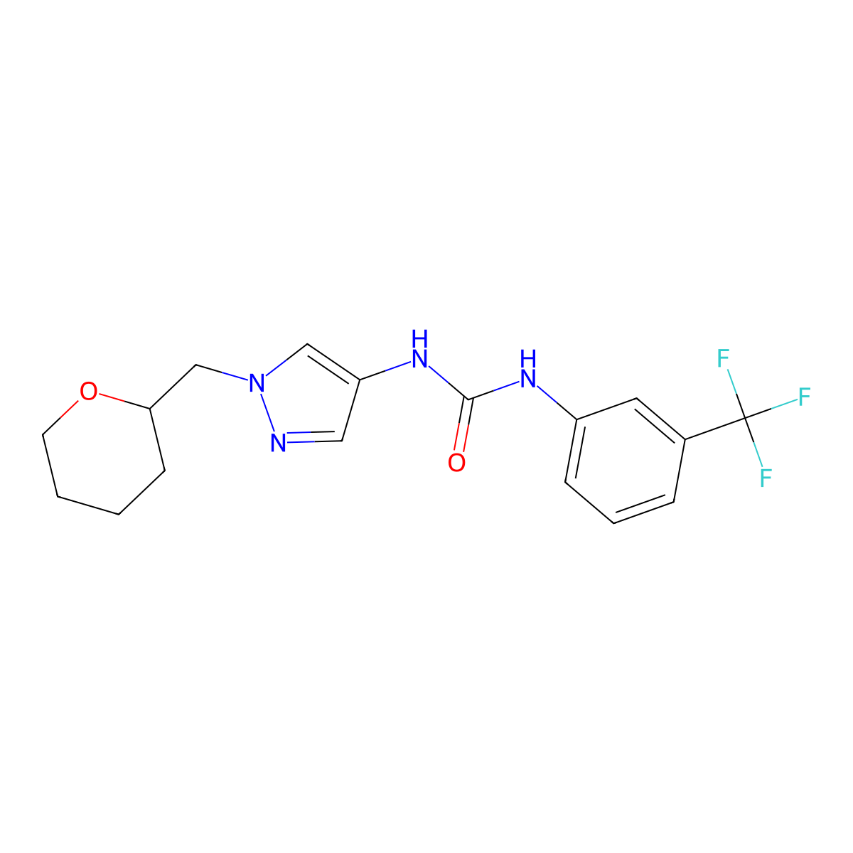 1-(1-((tetrahydro-2H-pyran-2-yl)methyl)-1H-pyrazol-4-yl)-3-(3-(trifluoromethyl)phenyl)urea molecular structure, CAS 2034529-39-8