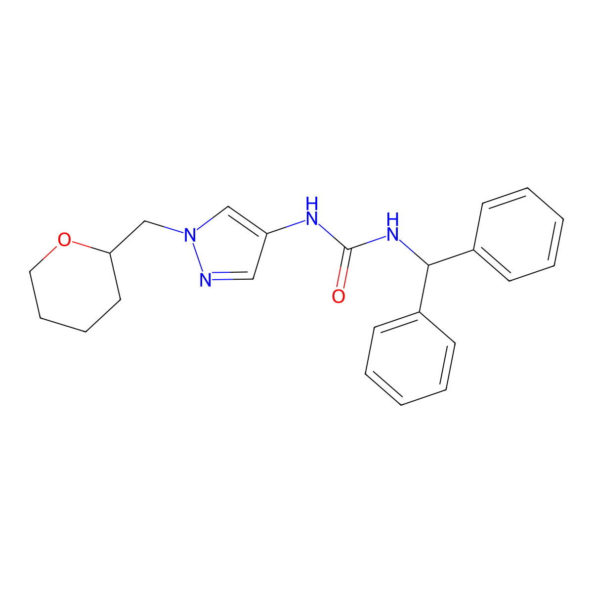 1-benzhydryl-3-(1-((tetrahydro-2H-pyran-2-yl)methyl)-1H-pyrazol-4-yl)urea molecular structure, CAS 2034529-42-3
