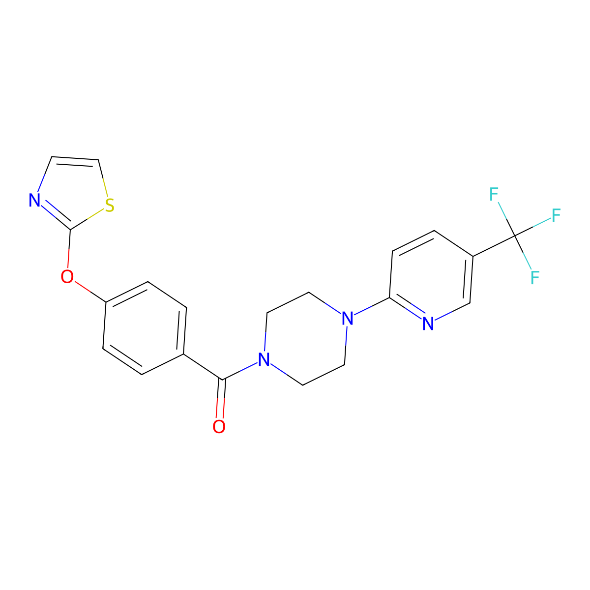 (4-(Thiazol-2-yloxy)phenyl)(4-(5-(trifluoromethyl)pyridin-2-yl)piperazin-1-yl)methanone molecular structure, CAS 2034529-45-6