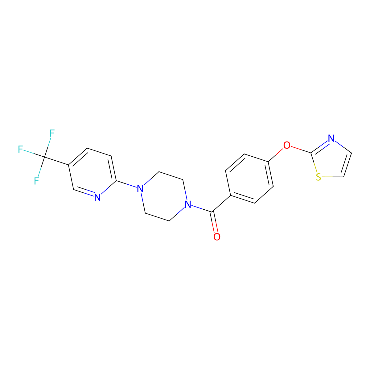 (4-(Thiazol-2-yloxy)phenyl)(4-(5-(trifluoromethyl)pyridin-2-yl)piperazin-1-yl)methanone molecular structure, CAS 2034529-45-6