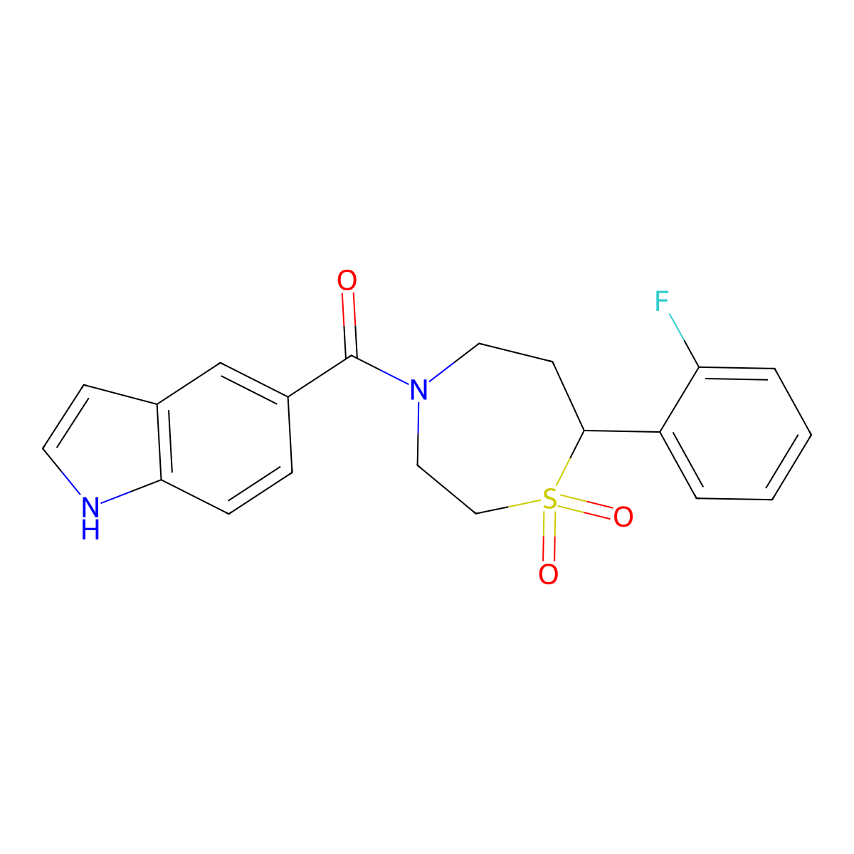 (7-(2-fluorophenyl)-1,1-dioxido-1,4-thiazepan-4-yl)(1H-indol-5-yl)methanone molecular structure, CAS 2034529-53-6