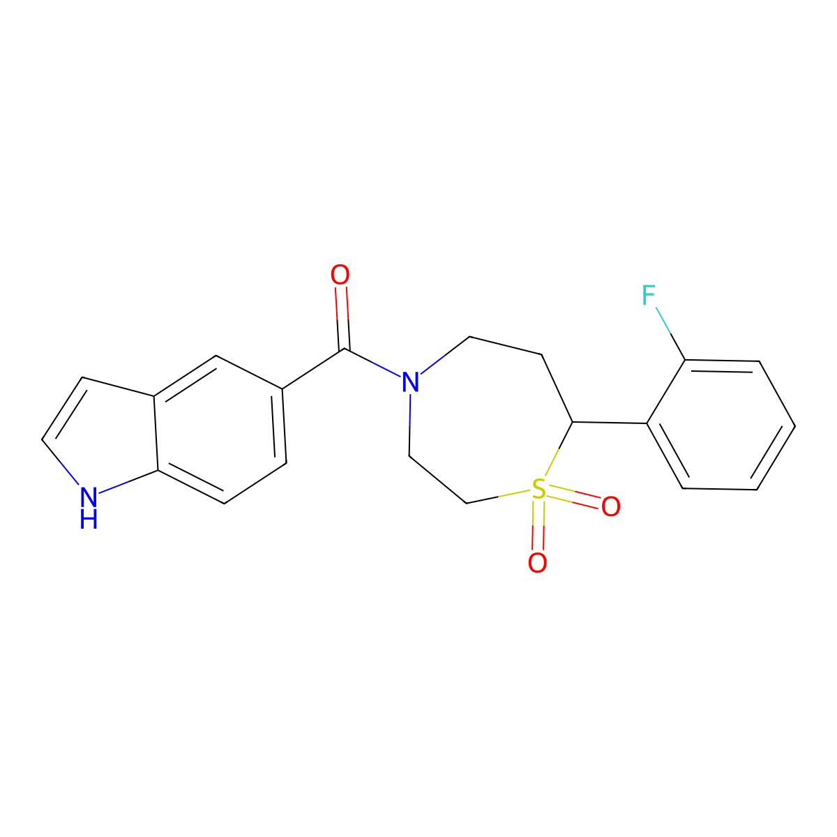 (7-(2-fluorophenyl)-1,1-dioxido-1,4-thiazepan-4-yl)(1H-indol-5-yl)methanone molecular structure, CAS 2034529-53-6