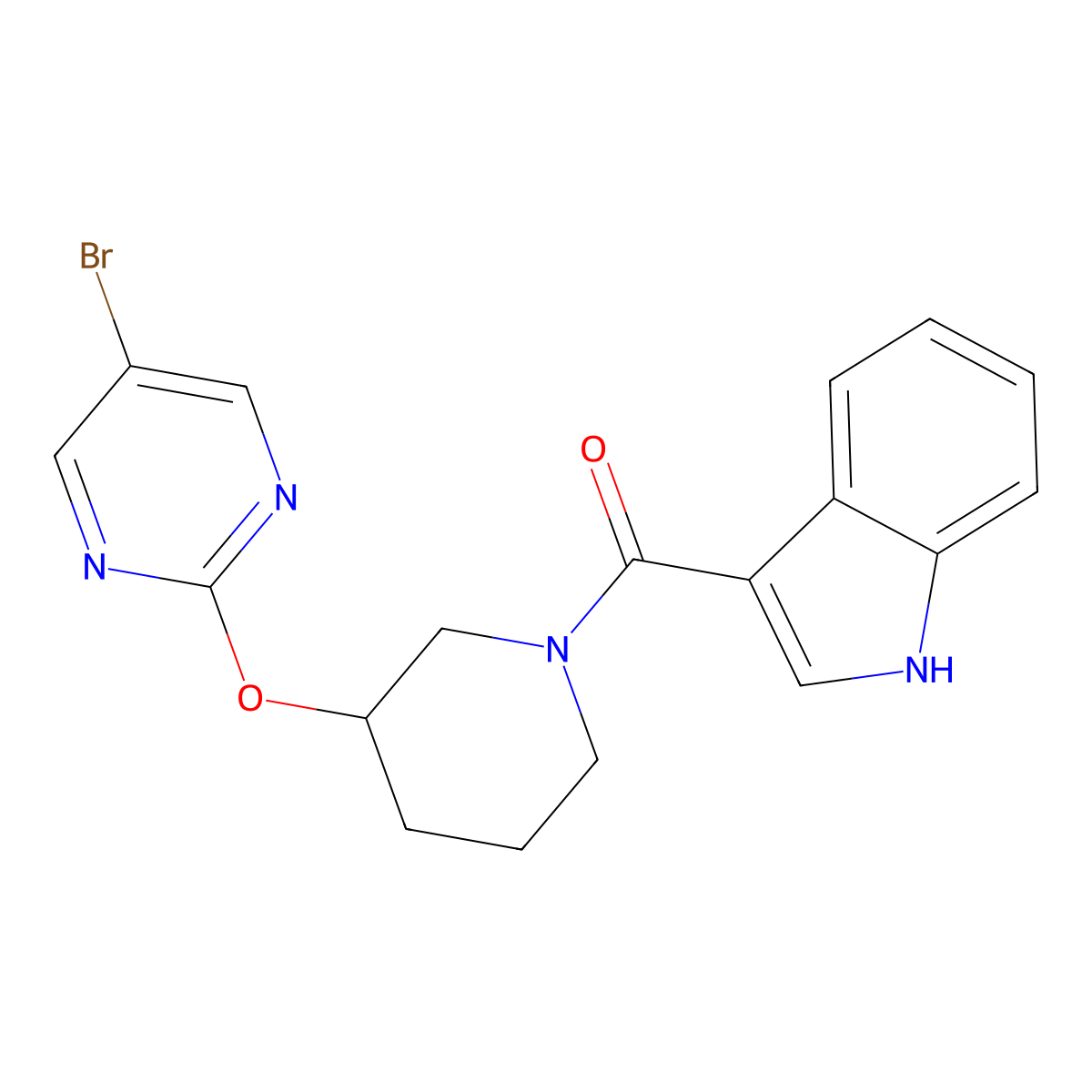 (3-((5-bromopyrimidin-2-yl)oxy)piperidin-1-yl)(1H-indol-3-yl)methanone molecular structure, CAS 2034529-54-7