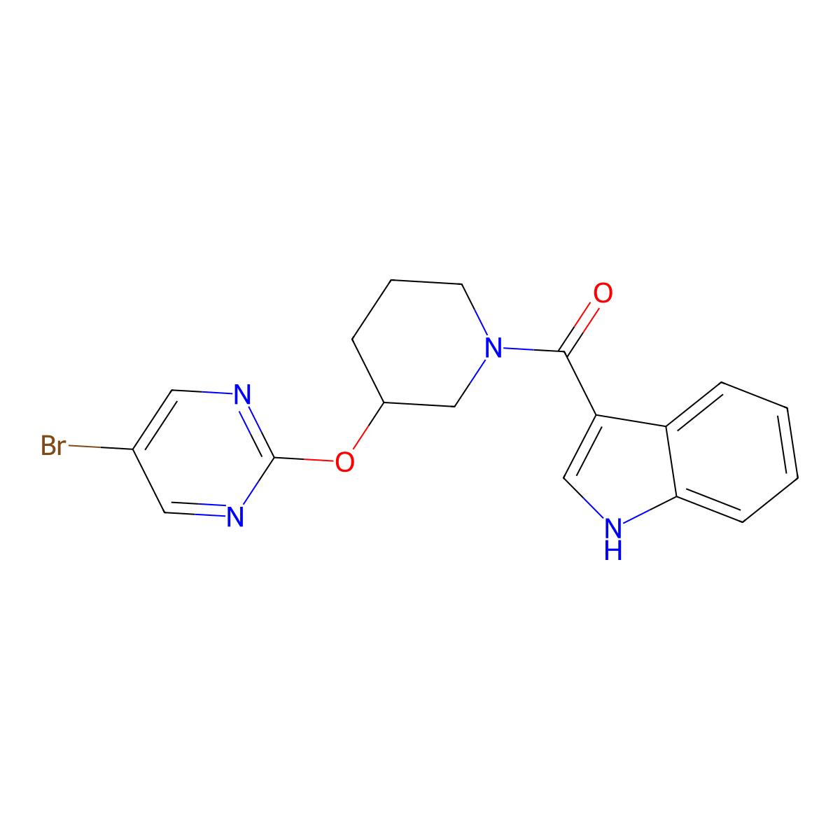 (3-((5-bromopyrimidin-2-yl)oxy)piperidin-1-yl)(1H-indol-3-yl)methanone molecular structure, CAS 2034529-54-7