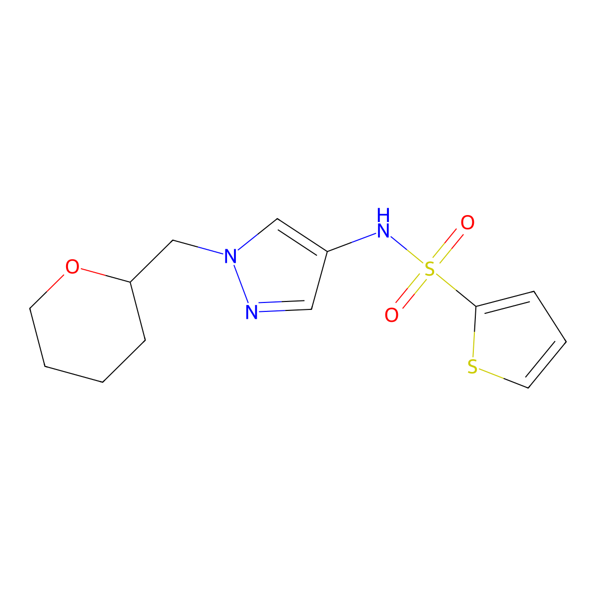 N-(1-((tetrahydro-2H-pyran-2-yl)methyl)-1H-pyrazol-4-yl)thiophene-2-sulfonamide molecular structure, CAS 2034529-57-0