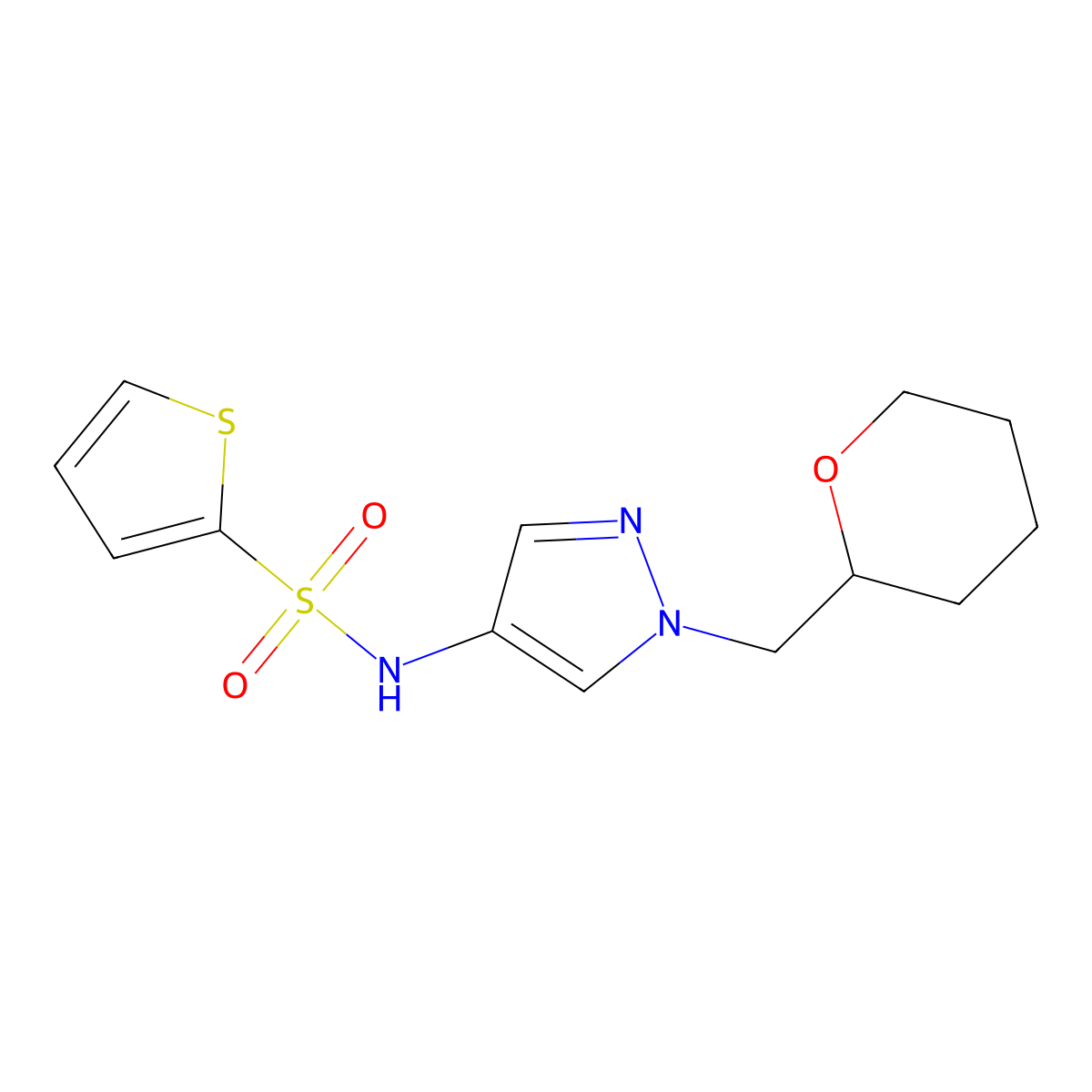 N-(1-((tetrahydro-2H-pyran-2-yl)methyl)-1H-pyrazol-4-yl)thiophene-2-sulfonamide molecular structure, CAS 2034529-57-0