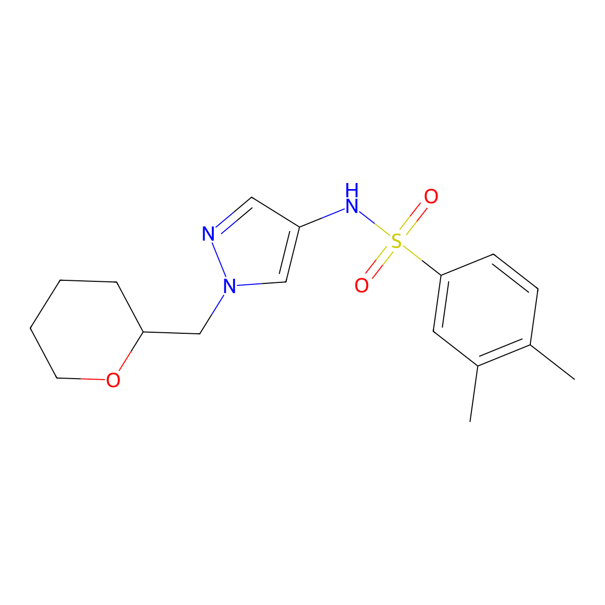 3,4-dimethyl-N-(1-((tetrahydro-2H-pyran-2-yl)methyl)-1H-pyrazol-4-yl)benzenesulfonamide molecular structure, CAS 2034529-58-1