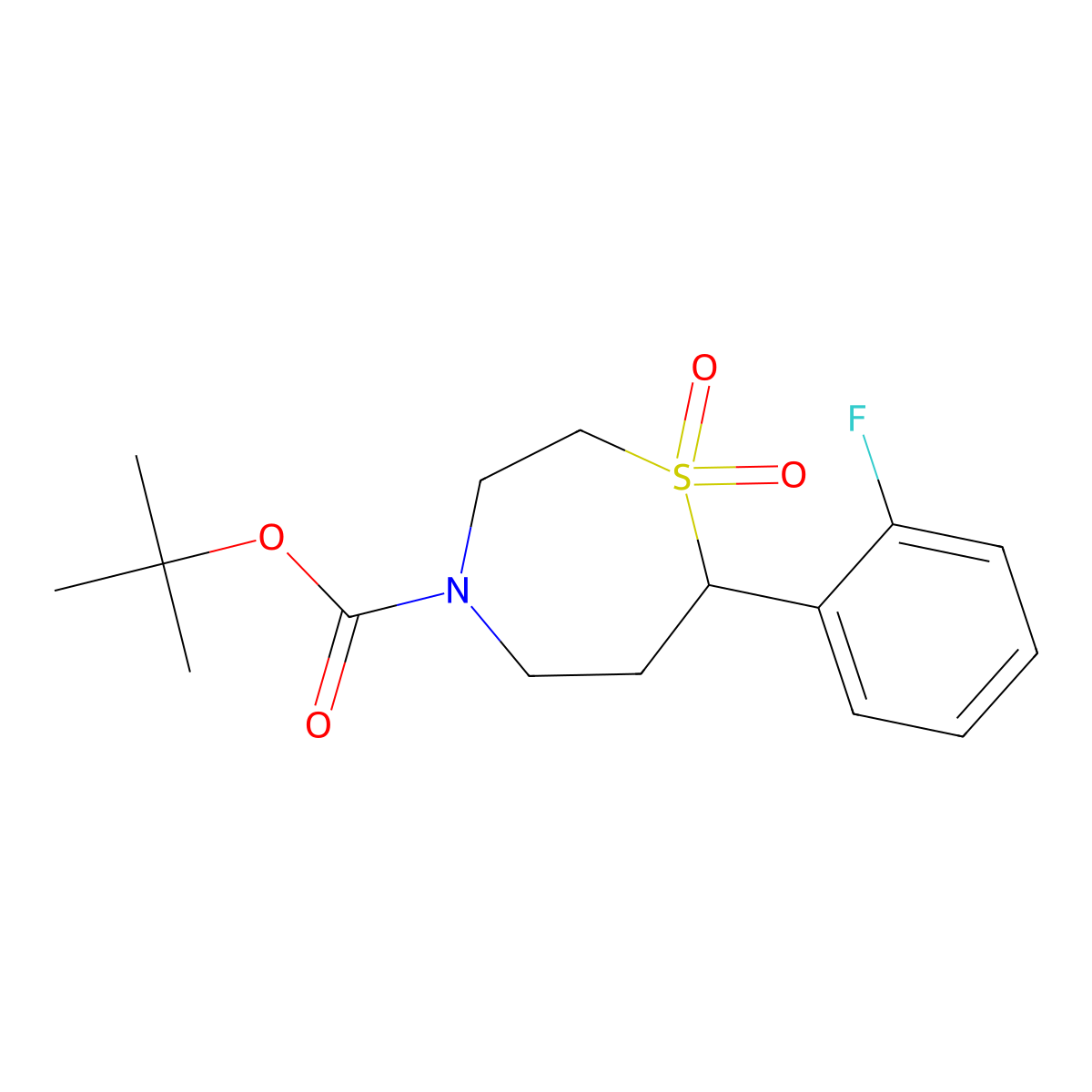 Tert-butyl 7-(2-fluorophenyl)-1,4-thiazepane-4-carboxylate 1,1-dioxide molecular structure, CAS 2034529-64-9