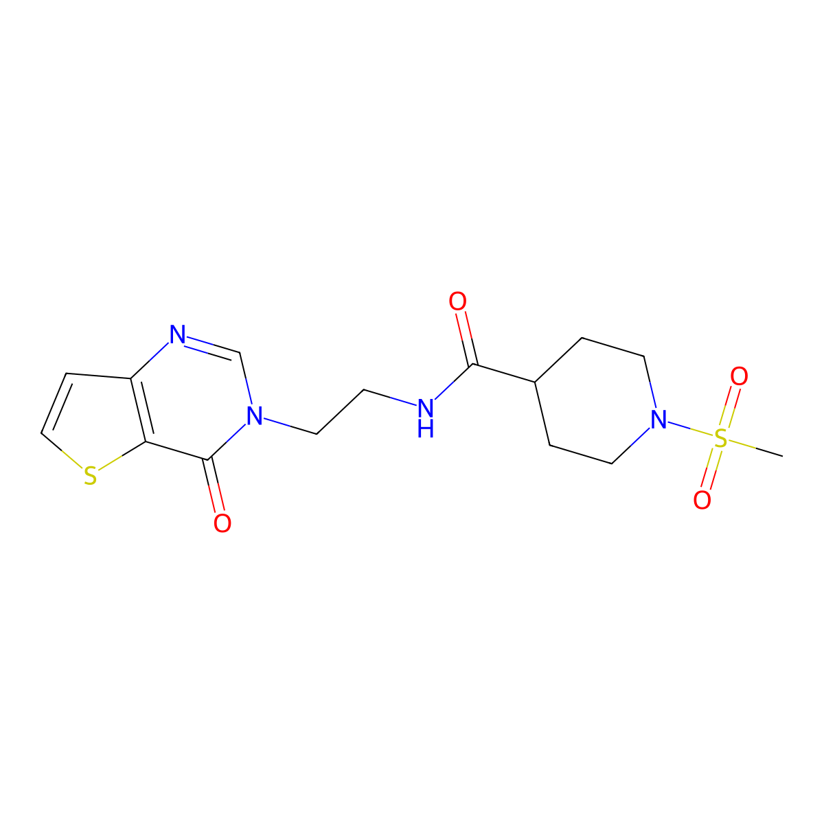 1-(methylsulfonyl)-N-(2-(4-oxothieno[3,2-d]pyrimidin-3(4H)-yl)ethyl)piperidine-4-carboxamide molecular structure, CAS 2034529-65-0