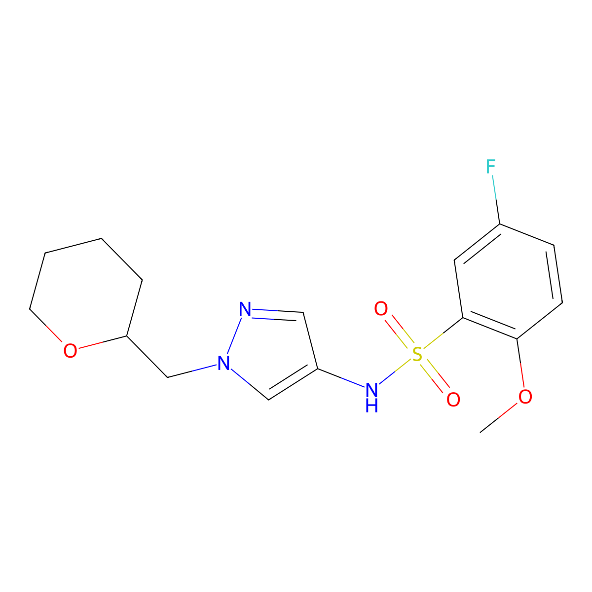 5-fluoro-2-methoxy-N-(1-((tetrahydro-2H-pyran-2-yl)methyl)-1H-pyrazol-4-yl)benzenesulfonamide molecular structure, CAS 2034529-68-3
