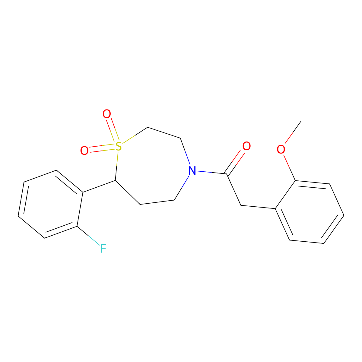 1-(7-(2-Fluorophenyl)-1,1-dioxido-1,4-thiazepan-4-yl)-2-(2-methoxyphenyl)ethanone molecular structure, CAS 2034529-73-0