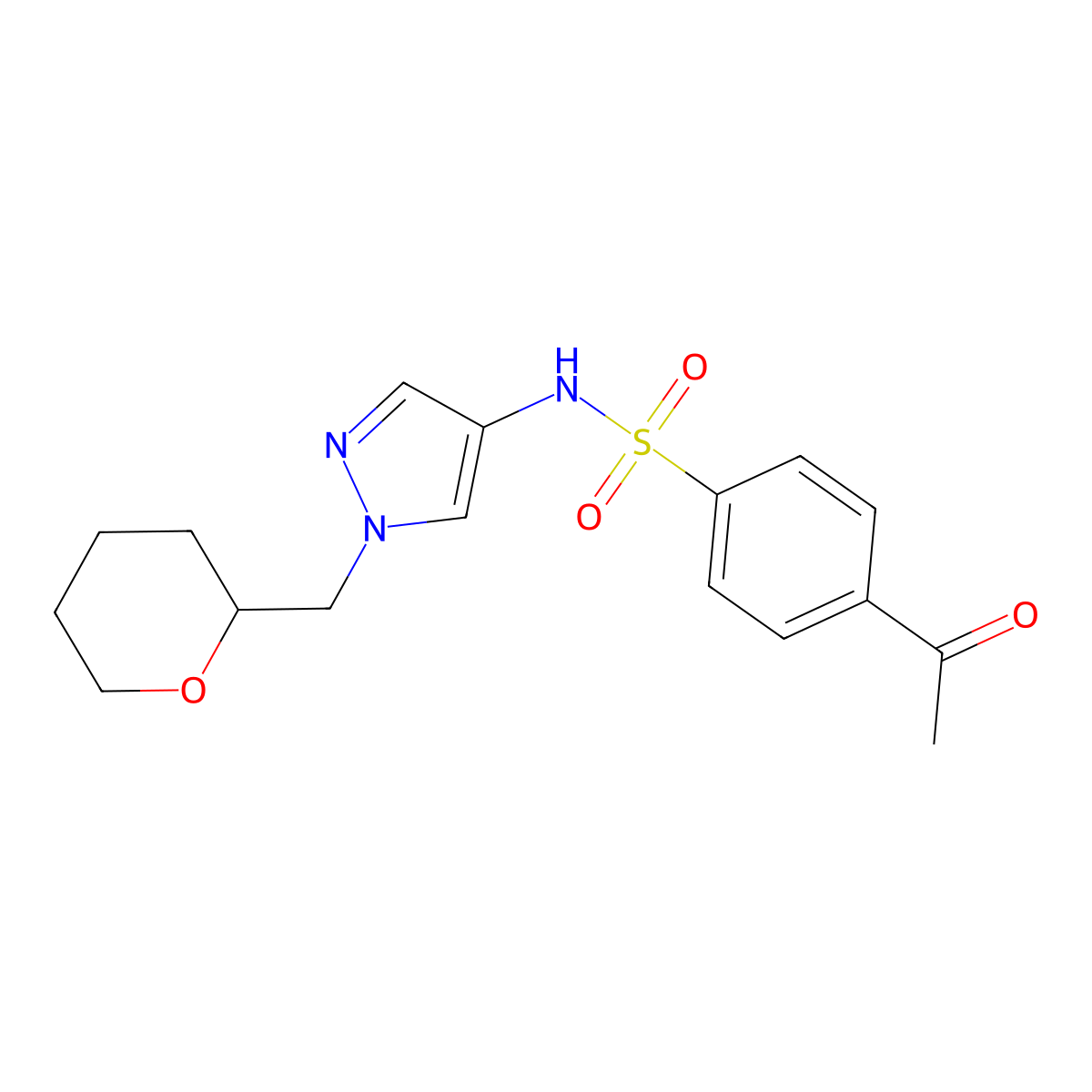 4-acetyl-N-(1-((tetrahydro-2H-pyran-2-yl)methyl)-1H-pyrazol-4-yl)benzenesulfonamide molecular structure, CAS 2034529-76-3