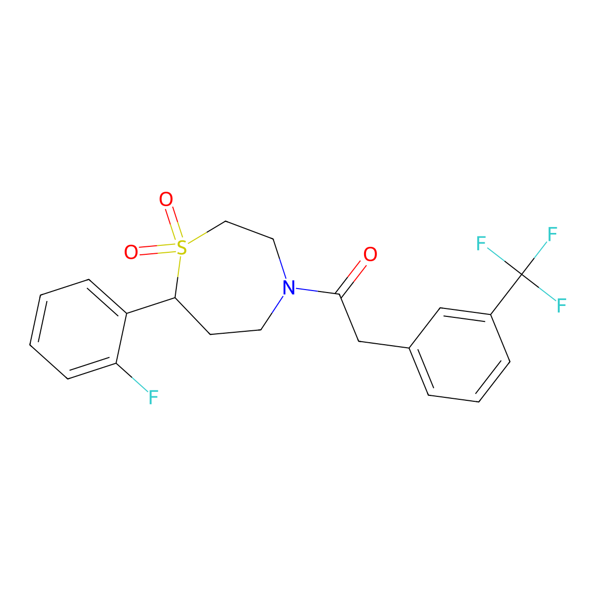 1-(7-(2-Fluorophenyl)-1,1-dioxido-1,4-thiazepan-4-yl)-2-(3-(trifluoromethyl)phenyl)ethanone molecular structure, CAS 2034529-78-5