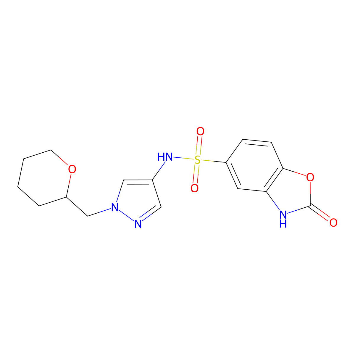 2-oxo-N-(1-((tetrahydro-2H-pyran-2-yl)methyl)-1H-pyrazol-4-yl)-2,3-dihydrobenzo[d]oxazole-5-sulfonamide molecular structure, CAS 2034529-82-1