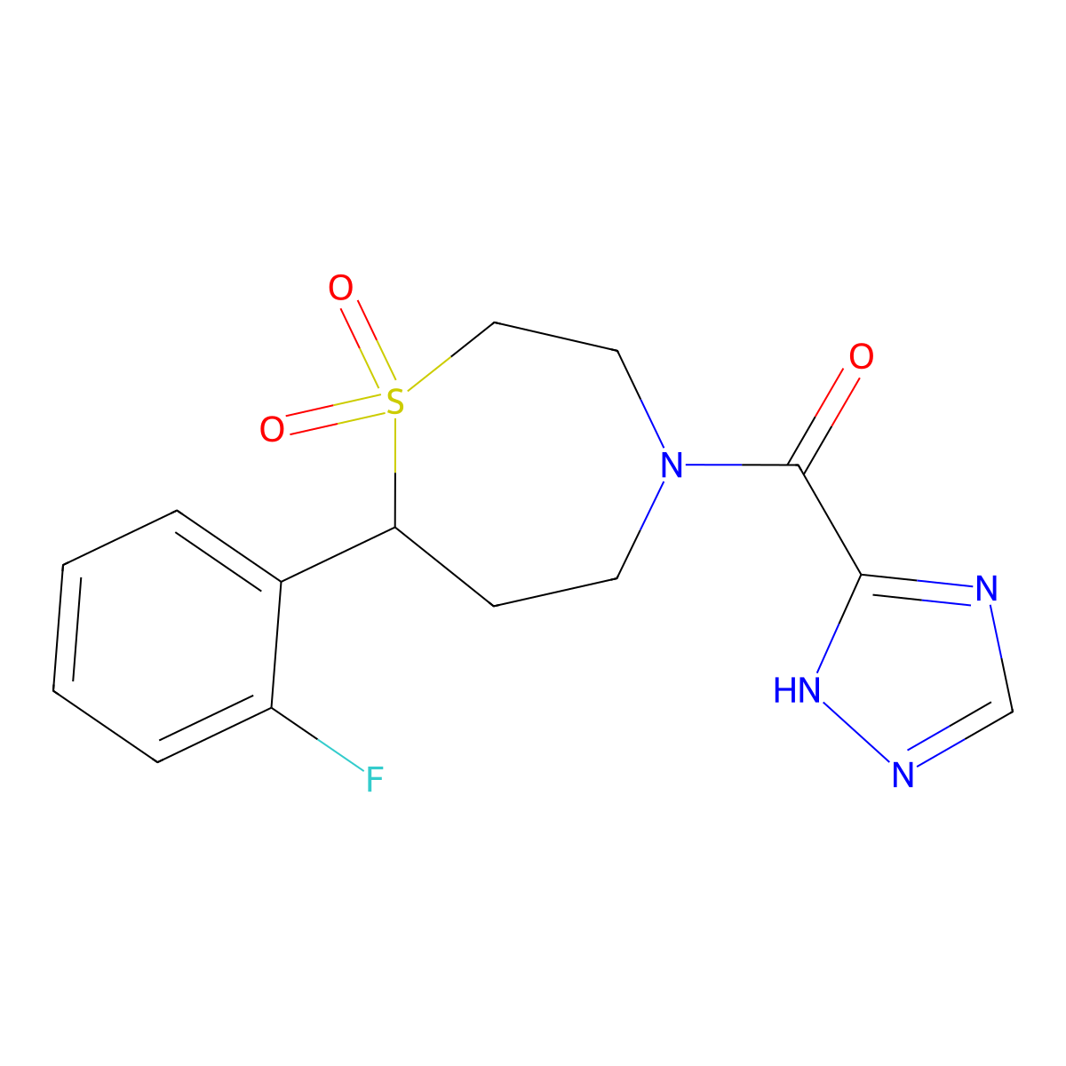 (7-(2-fluorophenyl)-1,1-dioxido-1,4-thiazepan-4-yl)(1H-1,2,4-triazol-5-yl)methanone molecular structure, CAS 2034529-86-5