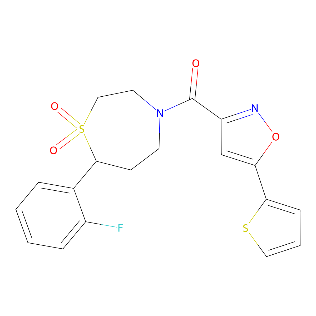 (7-(2-Fluorophenyl)-1,1-dioxido-1,4-thiazepan-4-yl)(5-(thiophen-2-yl)isoxazol-3-yl)methanone molecular structure, CAS 2034529-91-2
