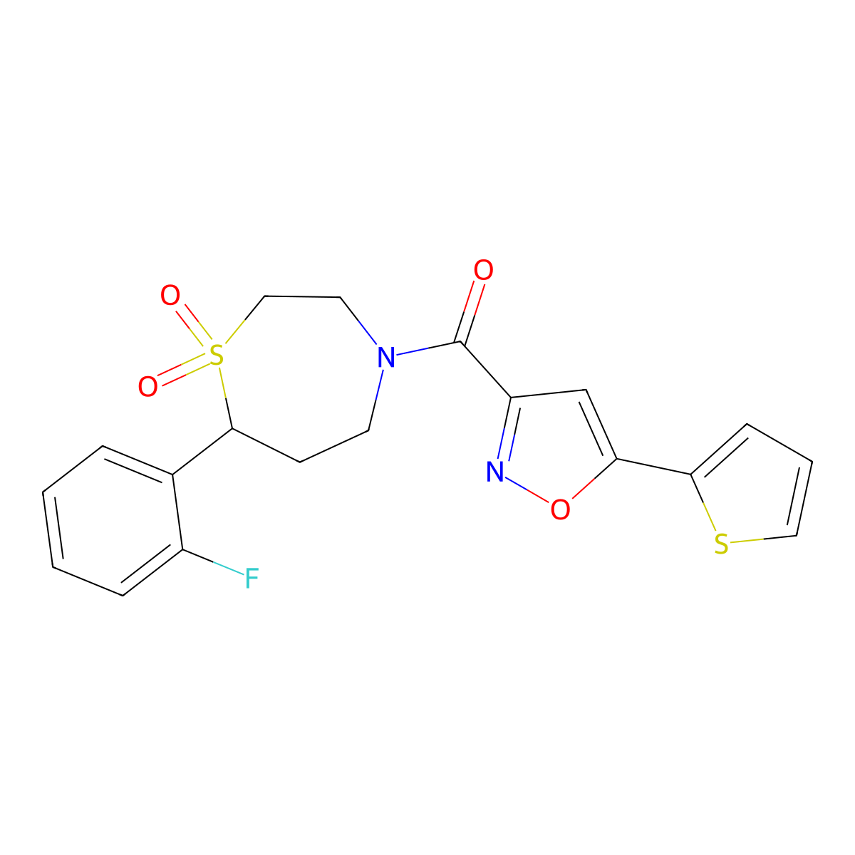 (7-(2-Fluorophenyl)-1,1-dioxido-1,4-thiazepan-4-yl)(5-(thiophen-2-yl)isoxazol-3-yl)methanone molecular structure, CAS 2034529-91-2