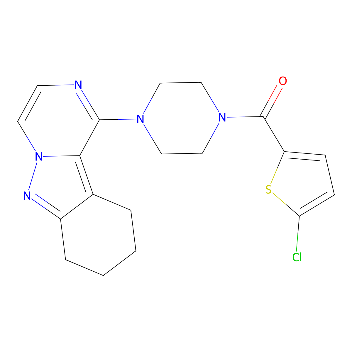 (5-Chlorothiophen-2-yl)(4-(7,8,9,10-tetrahydropyrazino[1,2-b]indazol-1-yl)piperazin-1-yl)methanone molecular structure, CAS 2034530-04-4