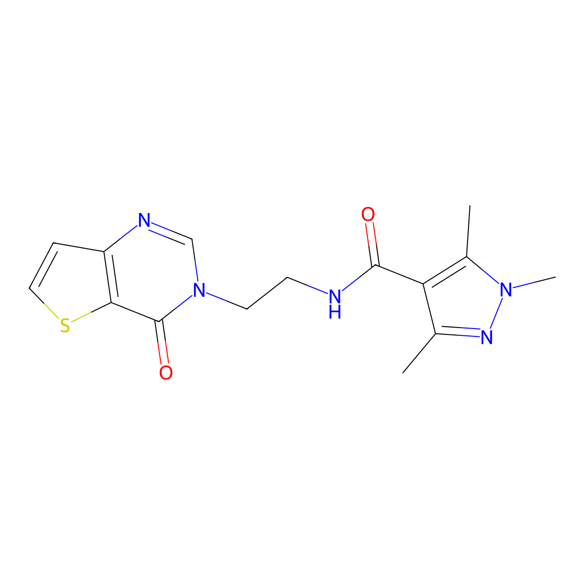 1,3,5-trimethyl-N-(2-(4-oxothieno[3,2-d]pyrimidin-3(4H)-yl)ethyl)-1H-pyrazole-4-carboxamide molecular structure, CAS 2034530-05-5