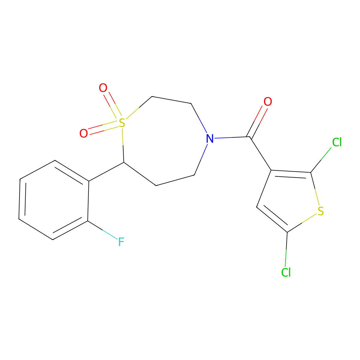 (2,5-Dichlorothiophen-3-yl)(7-(2-fluorophenyl)-1,1-dioxido-1,4-thiazepan-4-yl)methanone molecular structure, CAS 2034530-09-9