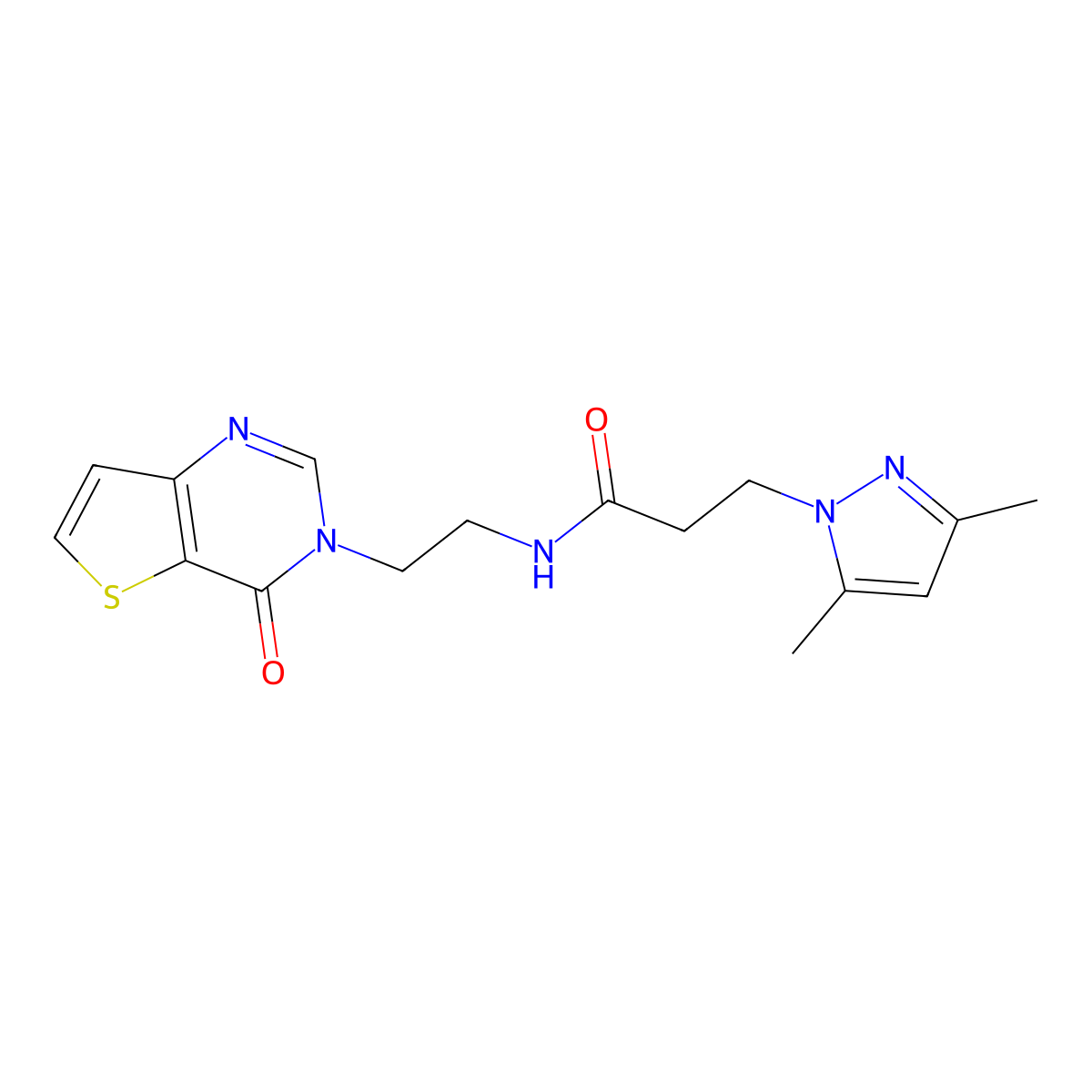 3-(3,5-dimethyl-1H-pyrazol-1-yl)-N-(2-(4-oxothieno[3,2-d]pyrimidin-3(4H)-yl)ethyl)propanamide molecular structure, CAS 2034530-10-2