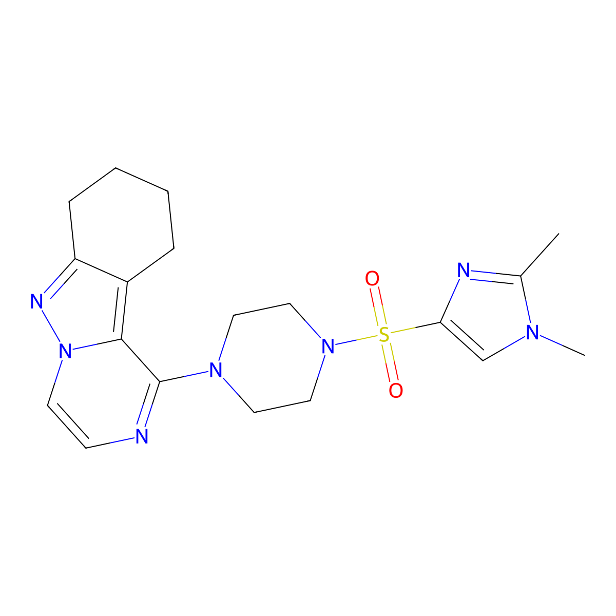 1-(4-((1,2-dimethyl-1H-imidazol-4-yl)sulfonyl)piperazin-1-yl)-7,8,9,10-tetrahydropyrazino[1,2-b]indazole molecular structure, CAS 2034530-11-3