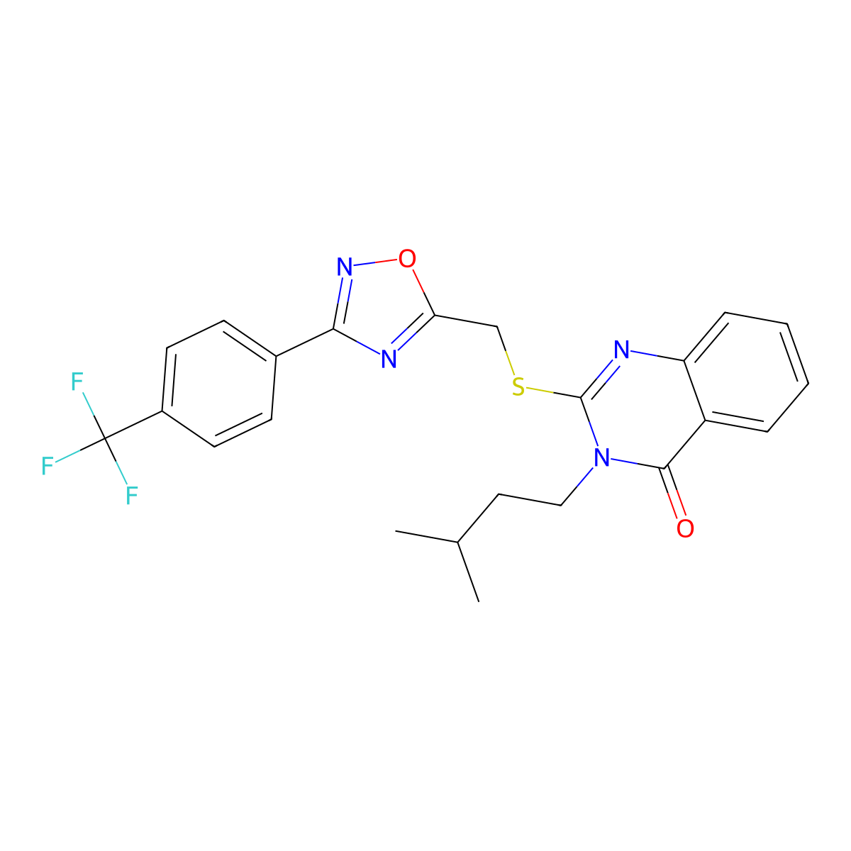 3-isopentyl-2-(((3-(4-(trifluoromethyl)phenyl)-1,2,4-oxadiazol-5-yl)methyl)thio)quinazolin-4(3H)-one molecular structure, CAS 2034530-13-5