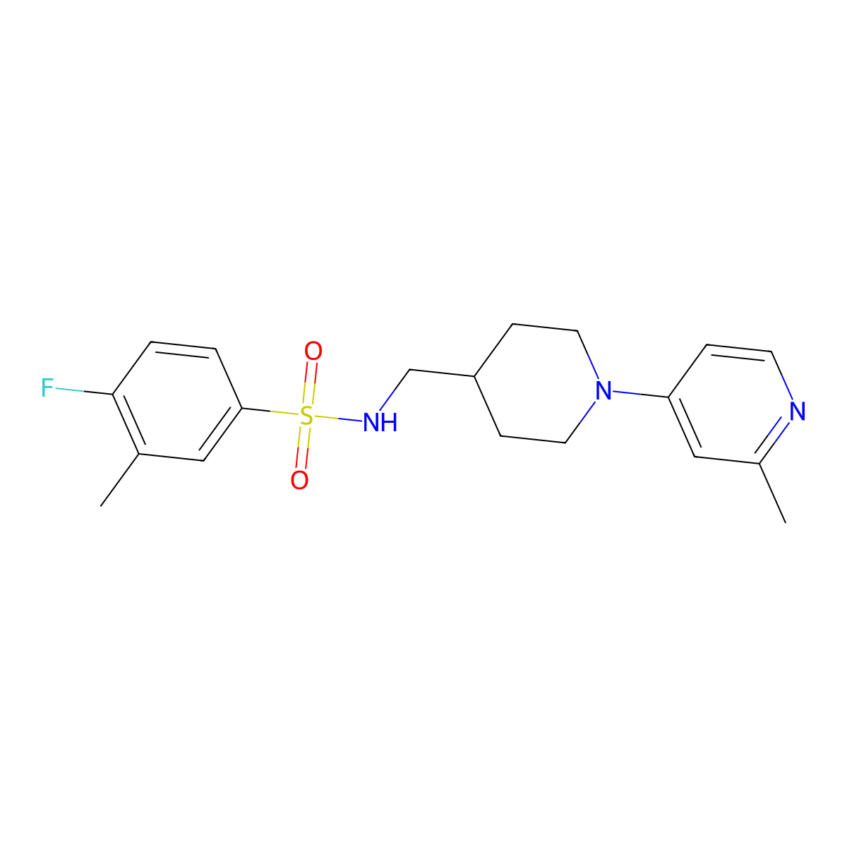 4-fluoro-3-methyl-N-((1-(2-methylpyridin-4-yl)piperidin-4-yl)methyl)benzenesulfonamide molecular structure, CAS 2034530-14-6