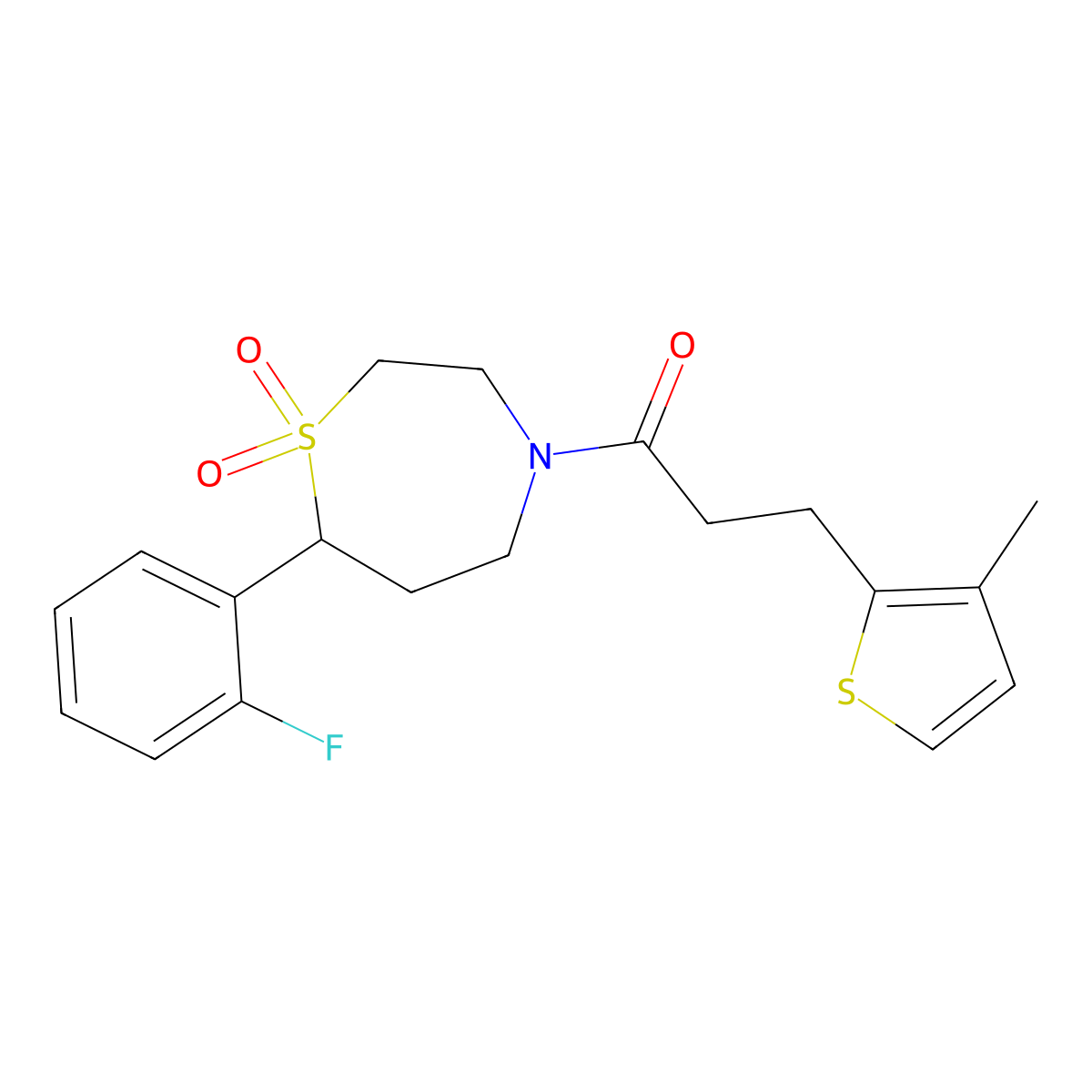 1-(7-(2-Fluorophenyl)-1,1-dioxido-1,4-thiazepan-4-yl)-3-(3-methylthiophen-2-yl)propan-1-one molecular structure, CAS 2034530-15-7