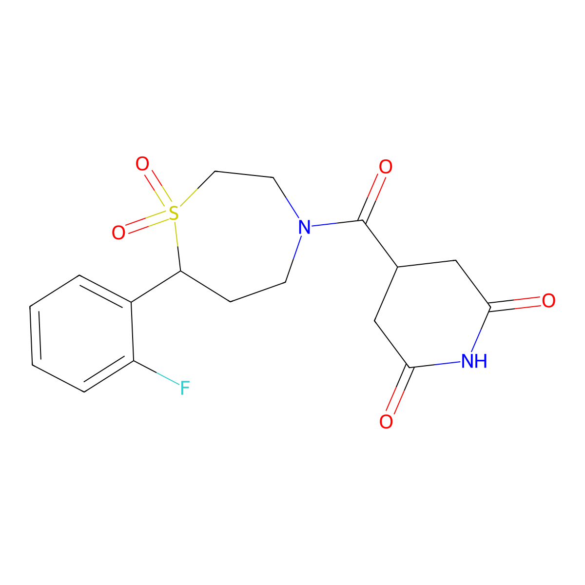 4-(7-(2-Fluorophenyl)-1,1-dioxido-1,4-thiazepane-4-carbonyl)piperidine-2,6-dione molecular structure, CAS 2034530-18-0